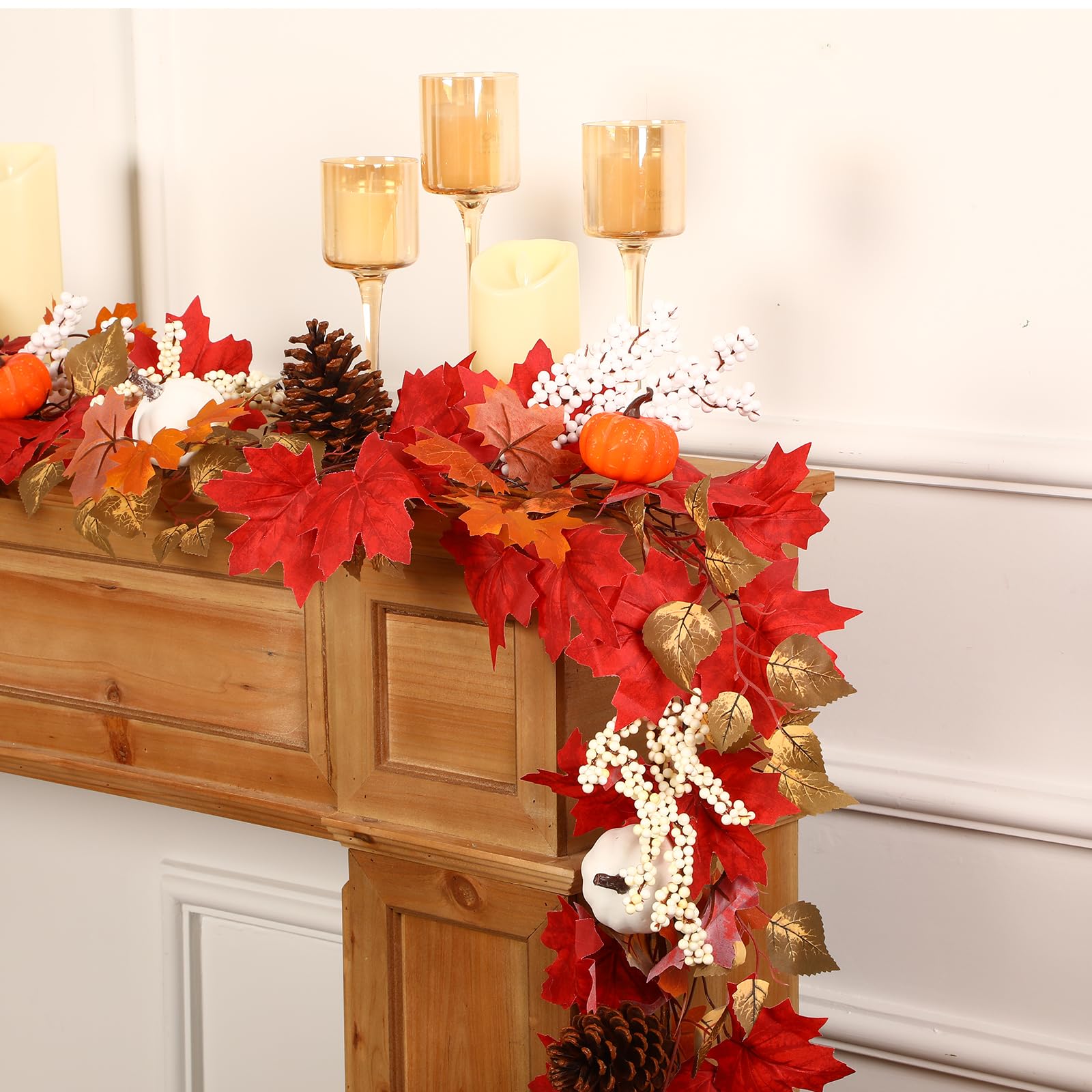 6FT Fall Garland Decor Red Pumpkin & Maple Leaves Garland (Harvest Red) - SHareconn