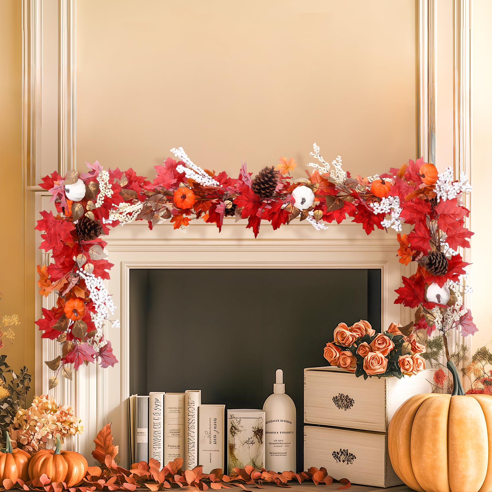 6FT Fall Garland Decor Red Pumpkin & Maple Leaves Garland (Harvest Red) - SHareconn