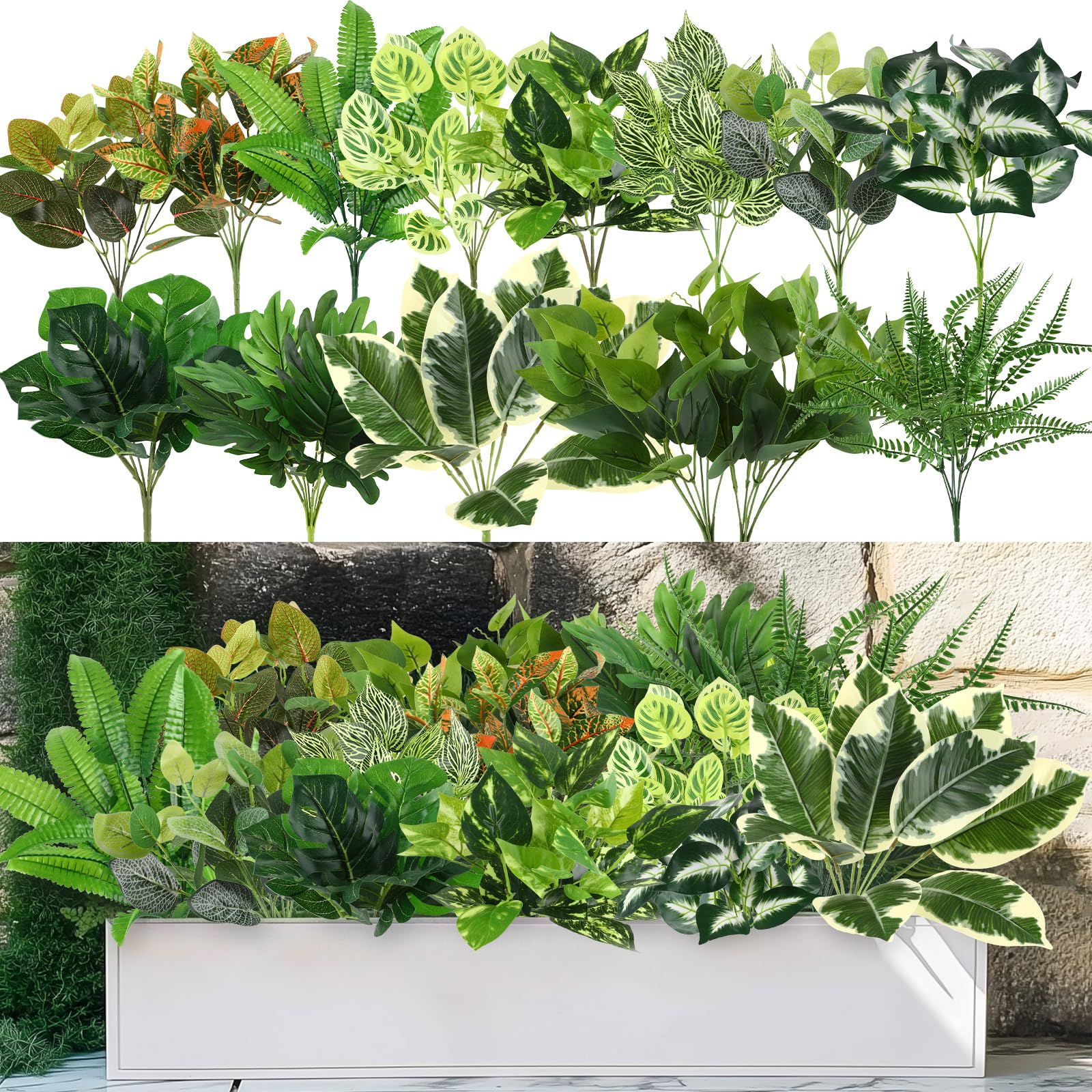 14 Bundles Artificial Plants UV Resistant Fake Ferns Greenery Stems Shrubs Faux Bushes Leaves - SHareconn