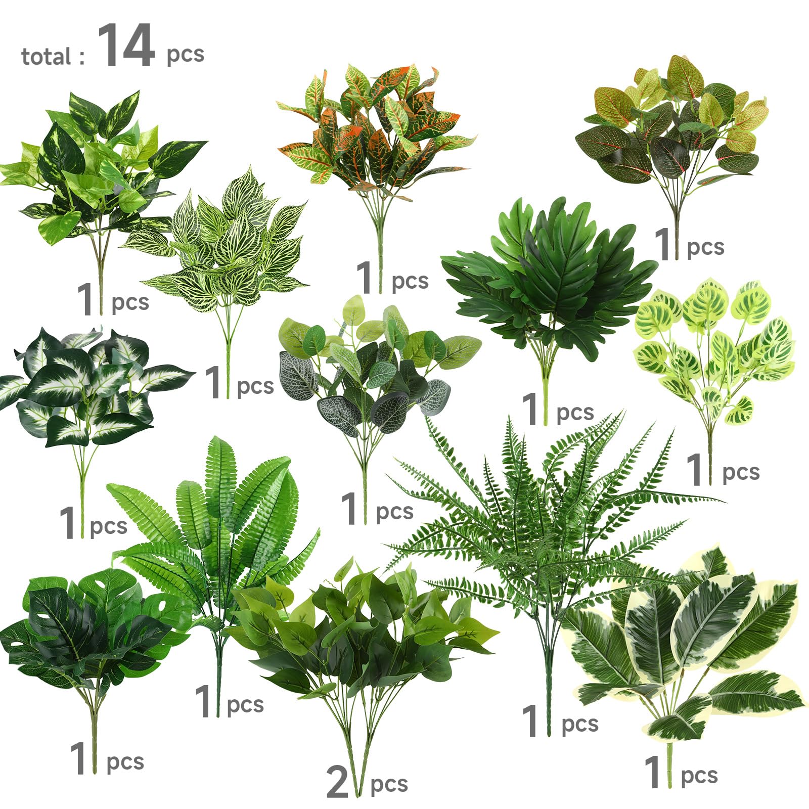 14 Bundles Artificial Plants UV Resistant Fake Ferns Greenery Stems Shrubs Faux Bushes Leaves - SHareconn