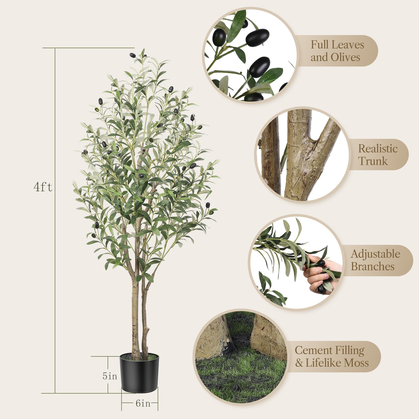 4FT(36" in) Artificial Olive Tree Indoor Fake Olive Tree with Natural Wood Trunk & Lifelike Fruits - SHareconn
