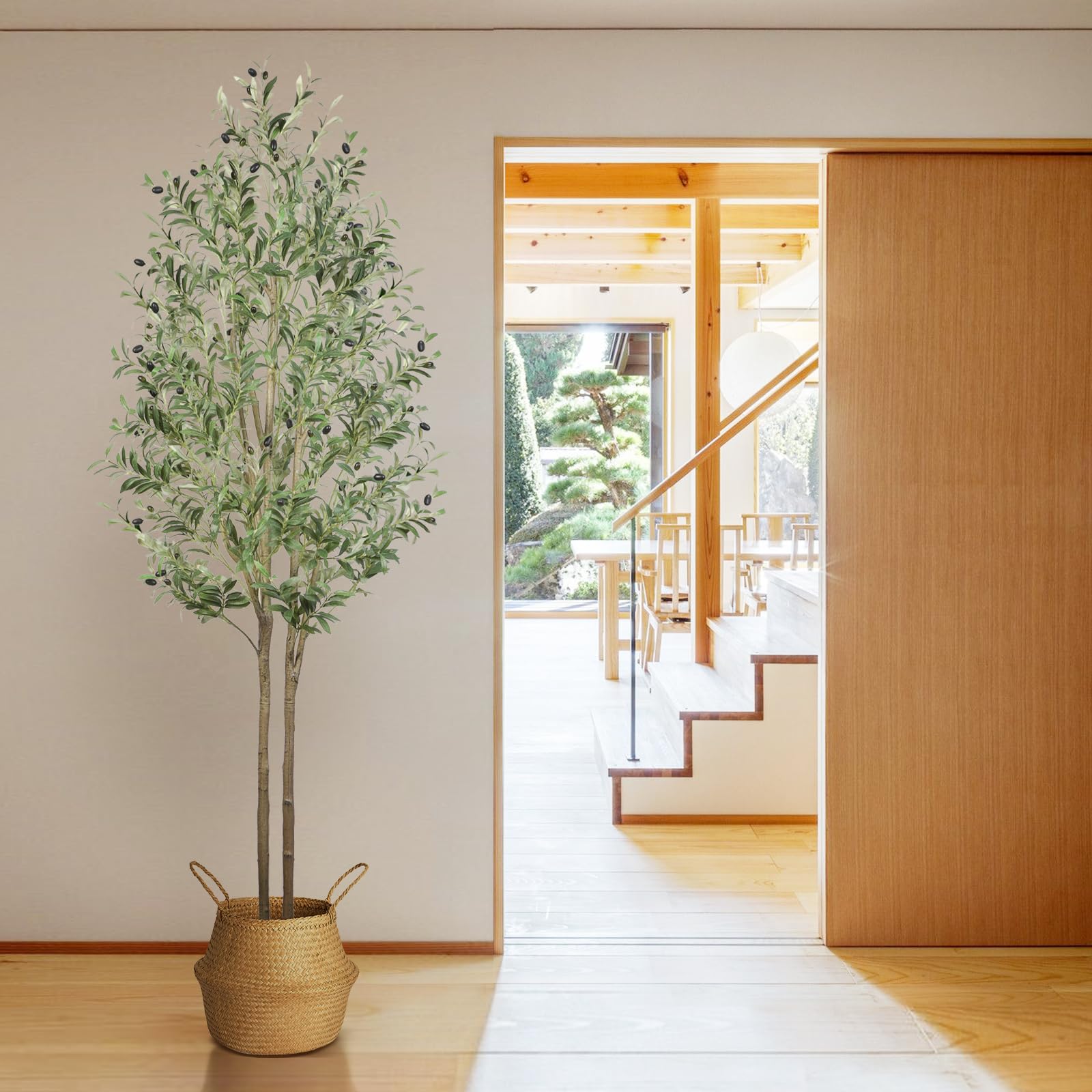 7FT Artificial Olive Tree Tall Faux Silk Plant with Natural Wood Trunk & Lifelike Fruits - SHareconn