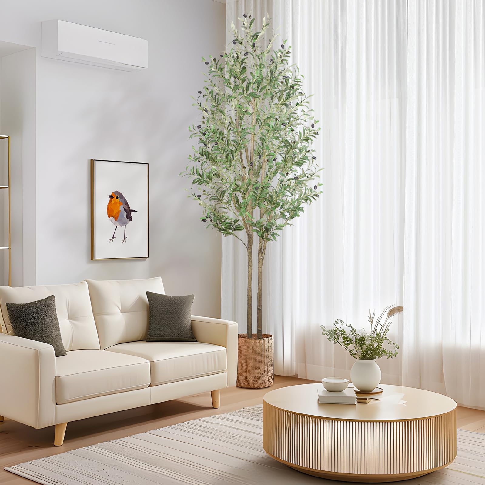 7FT Artificial Olive Tree Tall Faux Silk Plant with Natural Wood Trunk & Lifelike Fruits - SHareconn