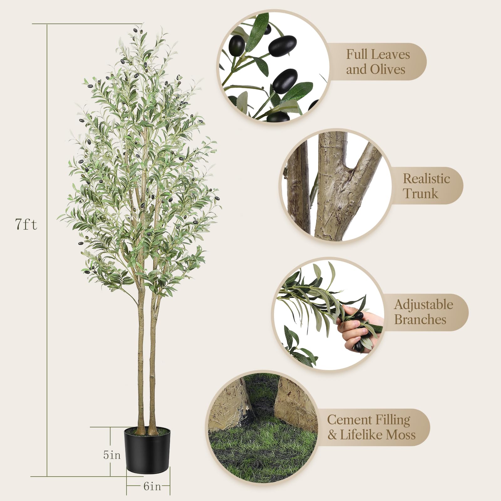 7FT Artificial Olive Tree Tall Faux Silk Plant with Natural Wood Trunk & Lifelike Fruits - SHareconn