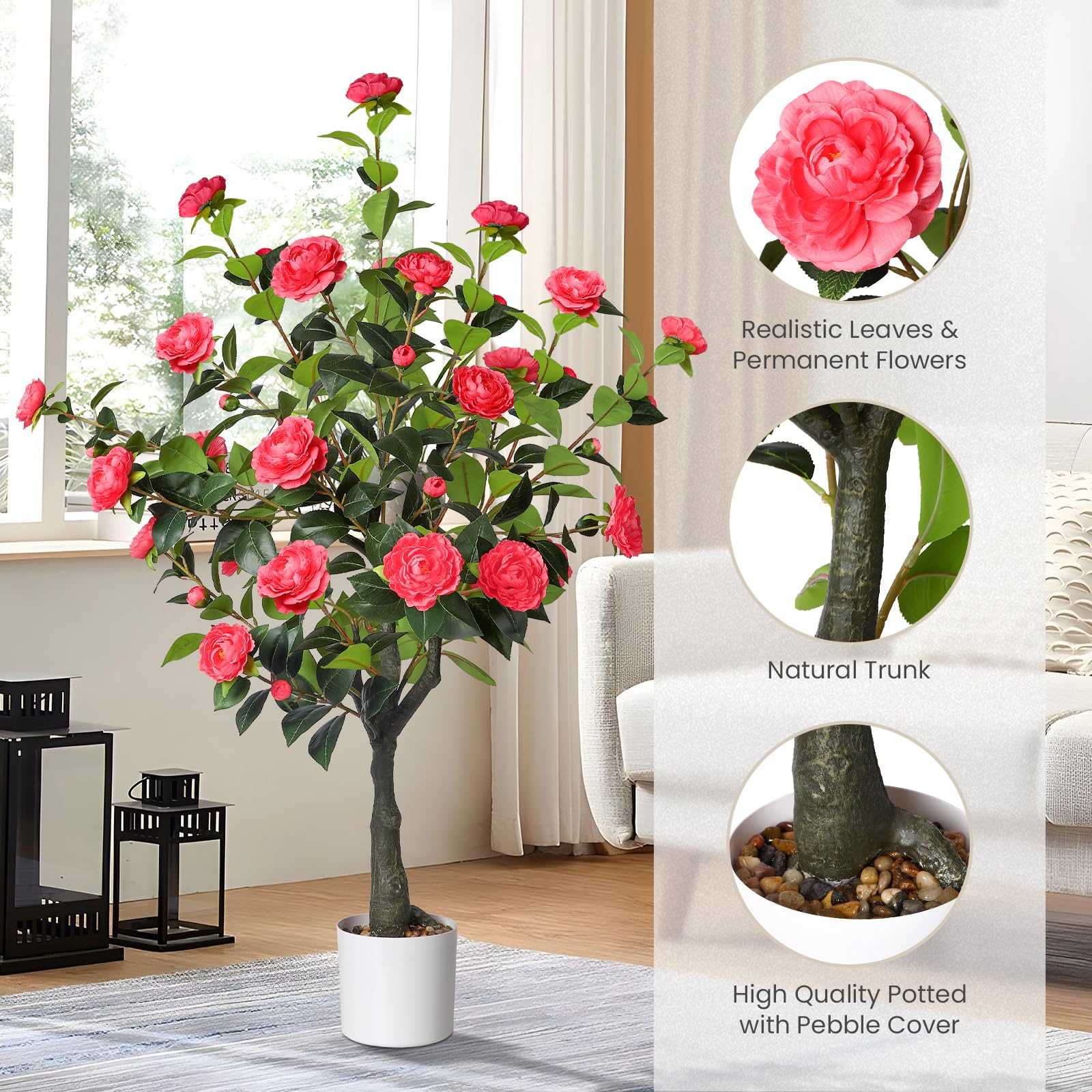 4FT Artificial Camellia Tree with 40 Pink Blooming Flowers Pink 2 Pack - SHareconn