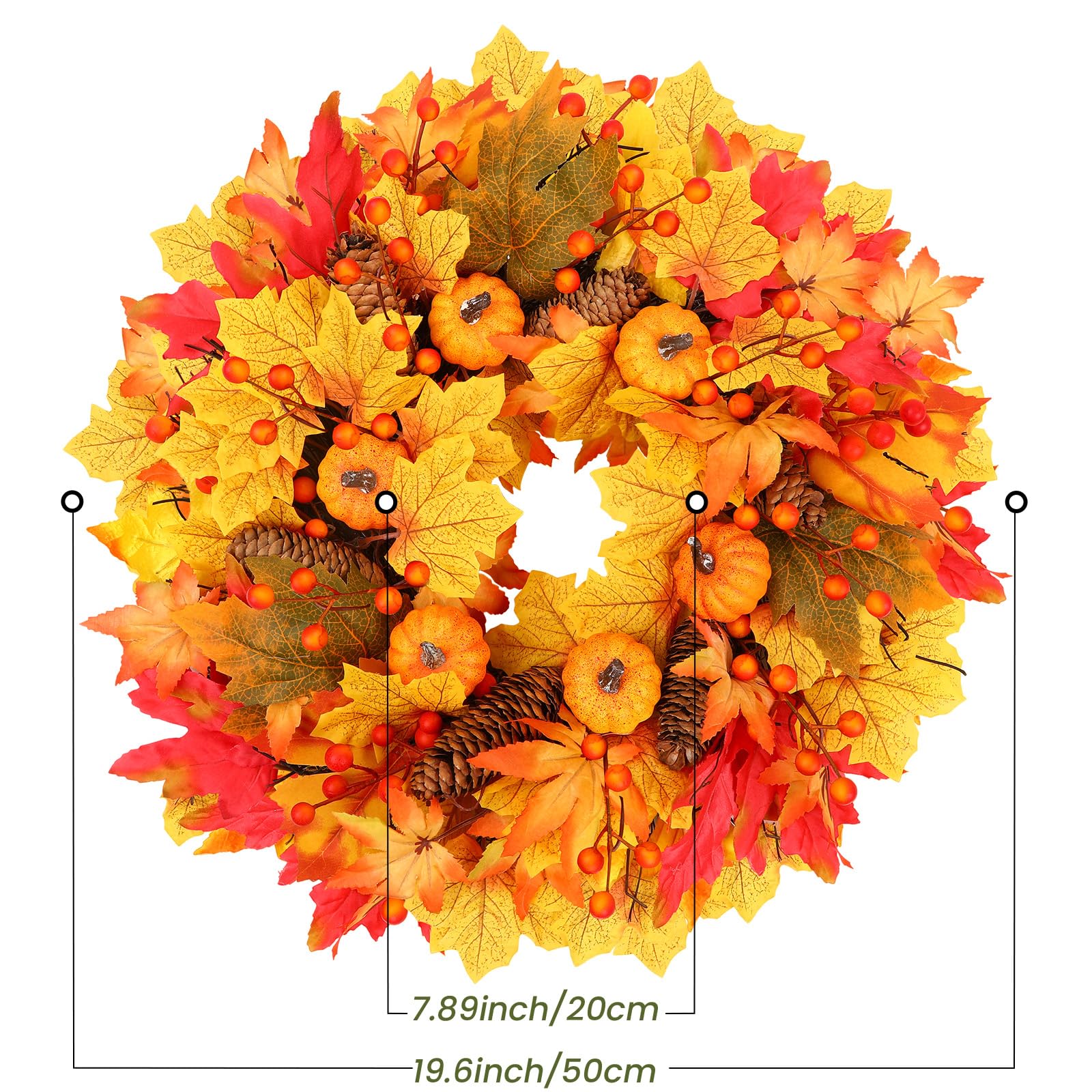 20FT Fall Wreath Artificial Autumn Wreaths with Maples Leaf Pumpkin Pine Cone Berry - SHareconn
