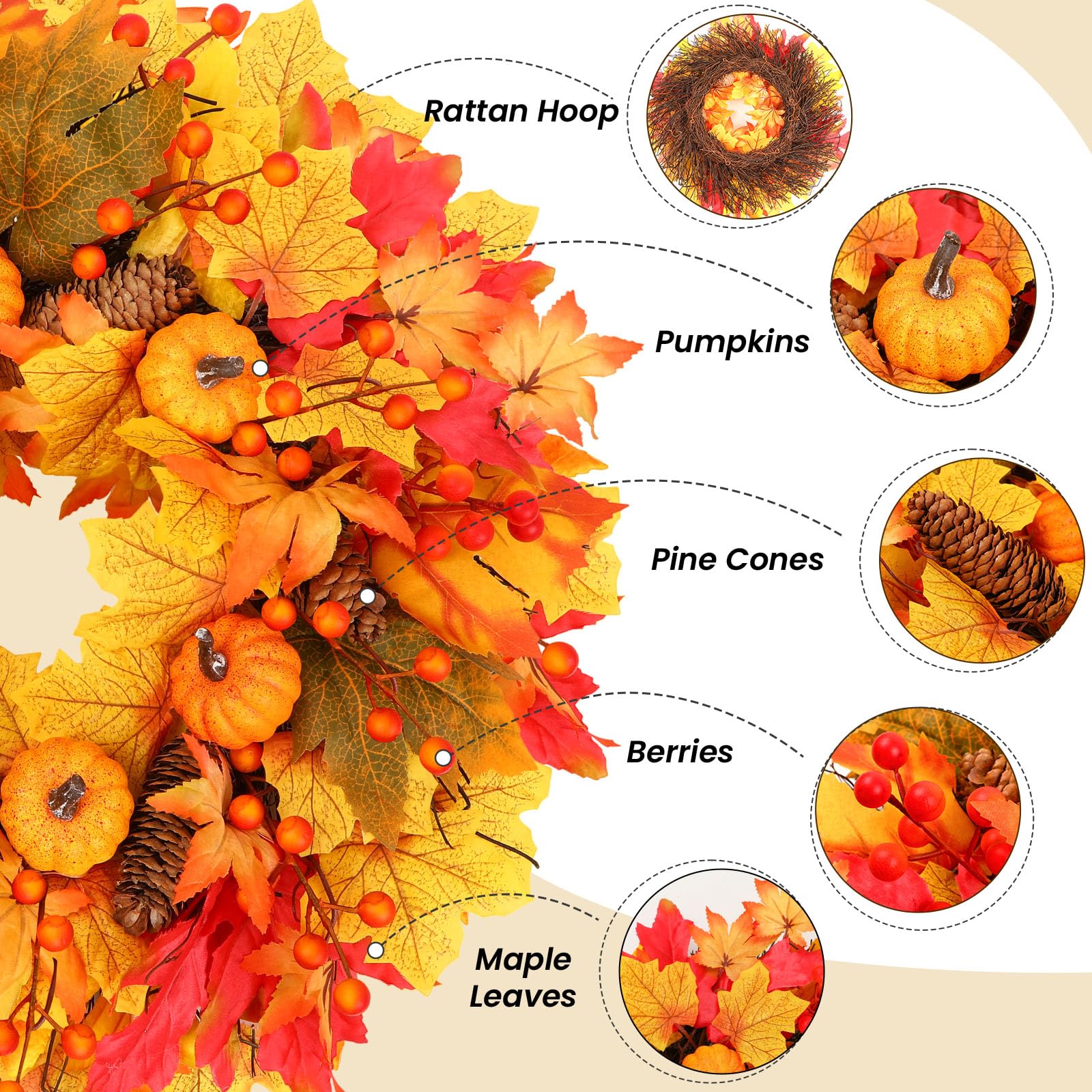 20FT Fall Wreath Artificial Autumn Wreaths with Maples Leaf Pumpkin Pine Cone Berry - SHareconn