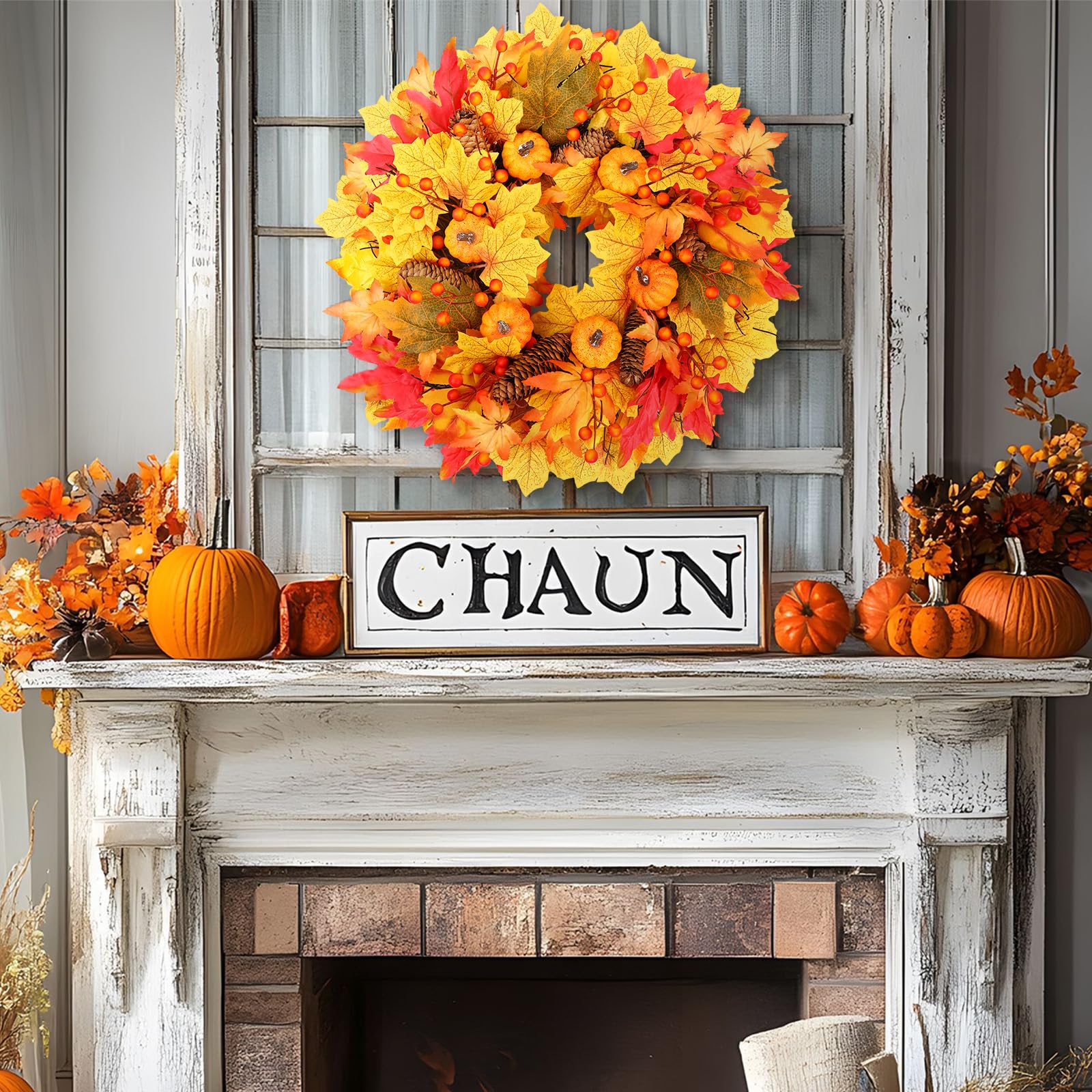 20FT Fall Wreath Artificial Autumn Wreaths with Maples Leaf Pumpkin Pine Cone Berry - SHareconn