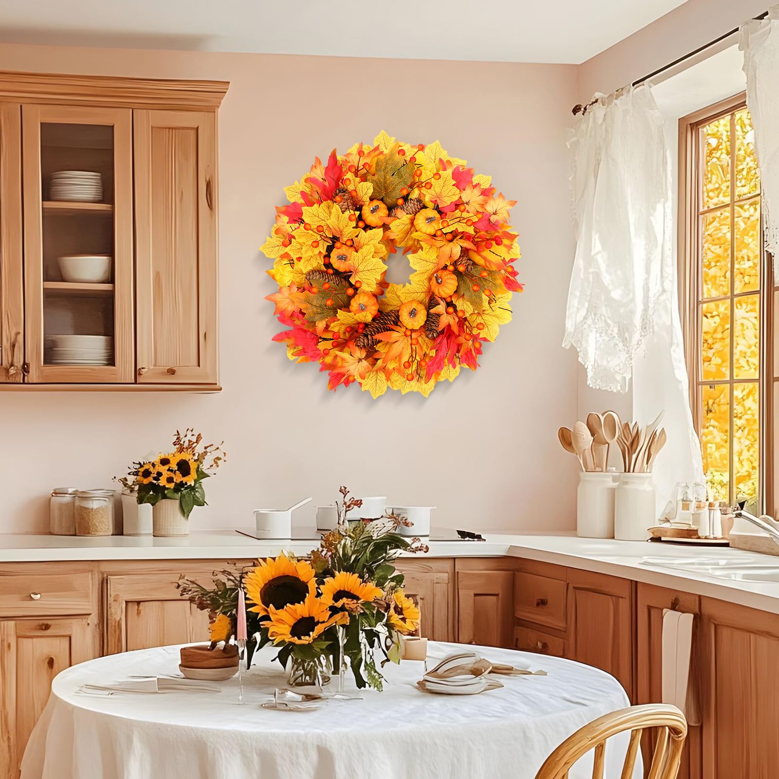 20FT Fall Wreath Artificial Autumn Wreaths with Maples Leaf Pumpkin Pine Cone Berry - SHareconn