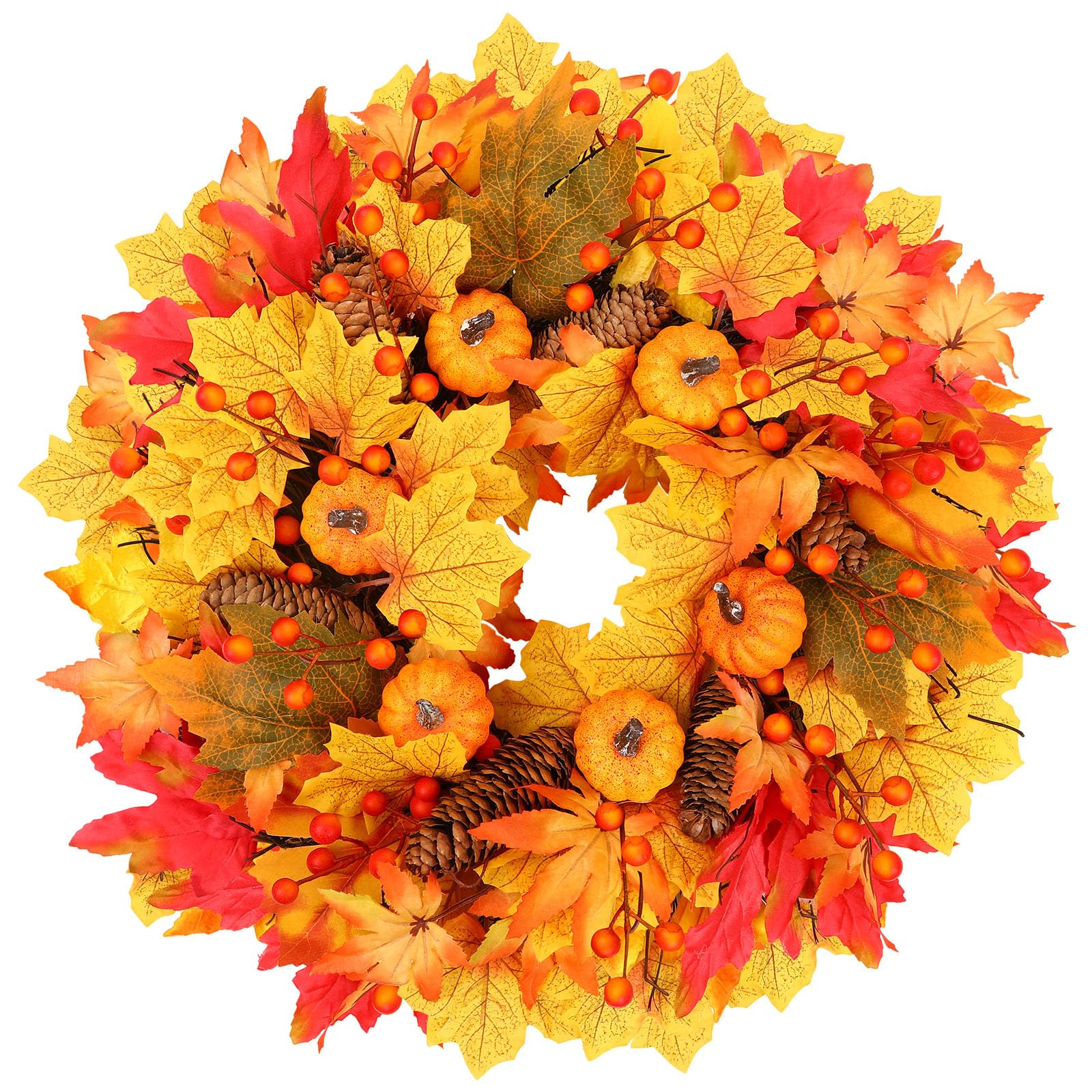 20FT Fall Wreath Artificial Autumn Wreaths with Maples Leaf Pumpkin Pine Cone Berry - SHareconn