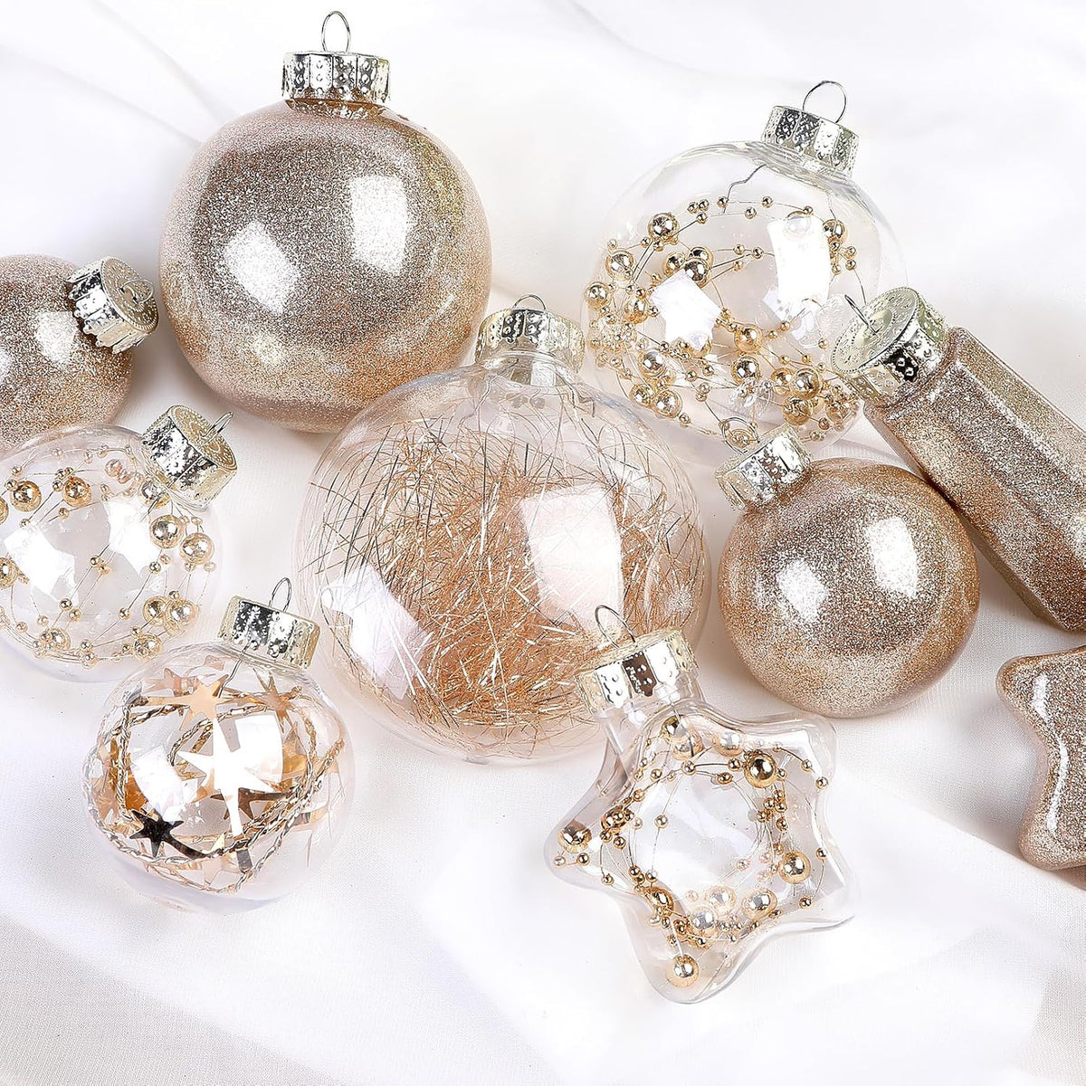 Set of 86 champagne glitter Christmas ball ornaments with sequins, tinsel, beads, shatterproof clear plastic for holiday decorations.