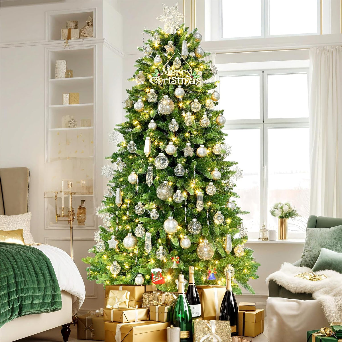 Set of 86 champagne glitter Christmas ball ornaments with sequins, tinsel, and beads, made of shatterproof clear plastic.