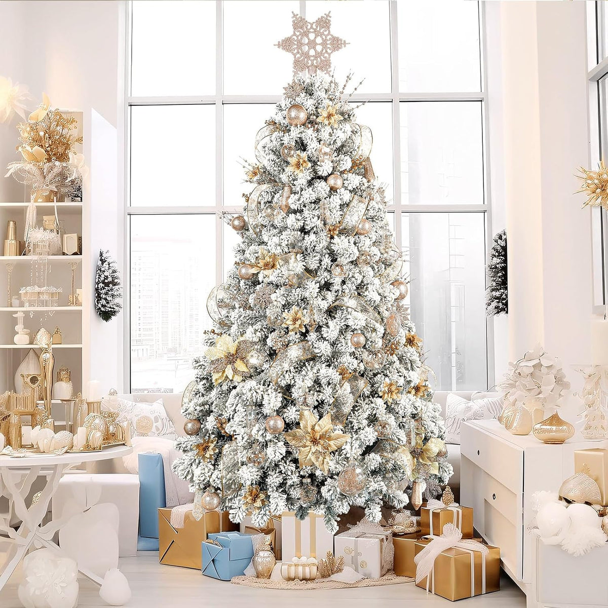 Set of 86 champagne glitter Christmas ball ornaments with sequins, tinsel, and beads in shatterproof plastic for holiday decorating.