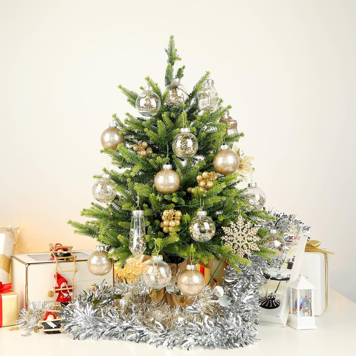 Set of 86 champagne glitter Christmas ball ornaments with sequins, tinsel, and beads, shatterproof plastic clear holiday decorations.