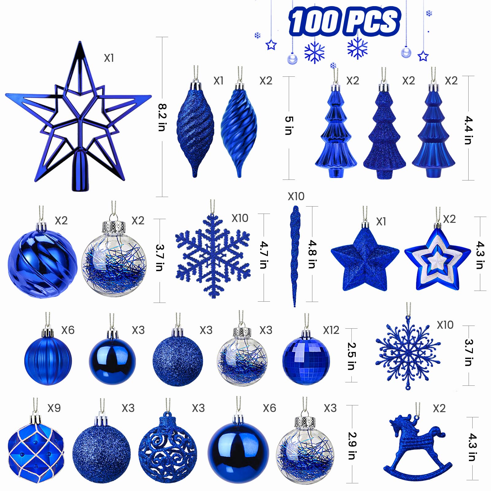 100pcs Blue Christmas Tree Decorations Ornaments Set - SHareconn