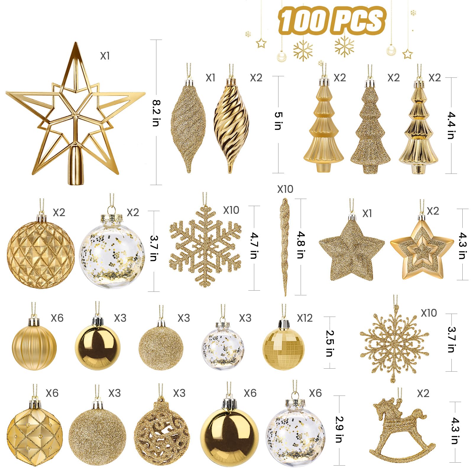 100pcs Gold Christmas Tree Decorations Ornaments Set - SHareconn