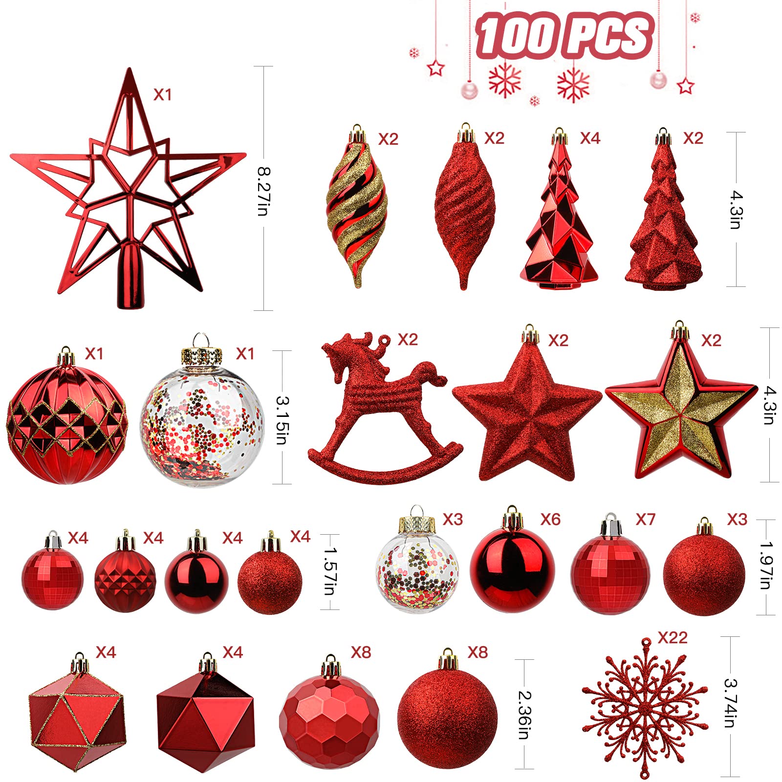 100pcs Red Christmas Tree Decorations Ornaments Set - SHareconn