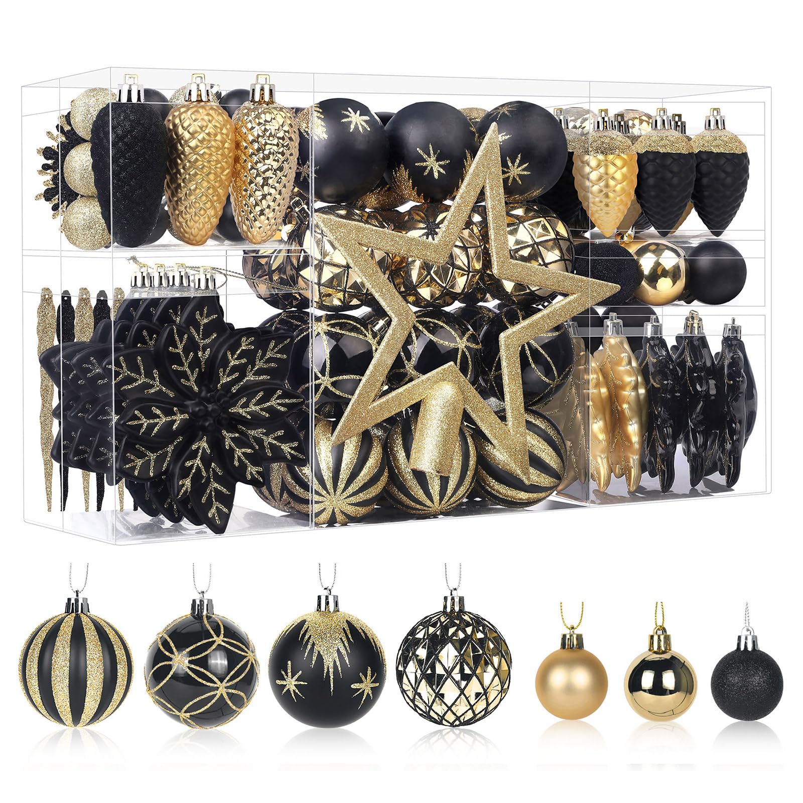 106PCS Black & Gold Christmas Balls Ornaments Set with Hanging Hooks - SHareconn