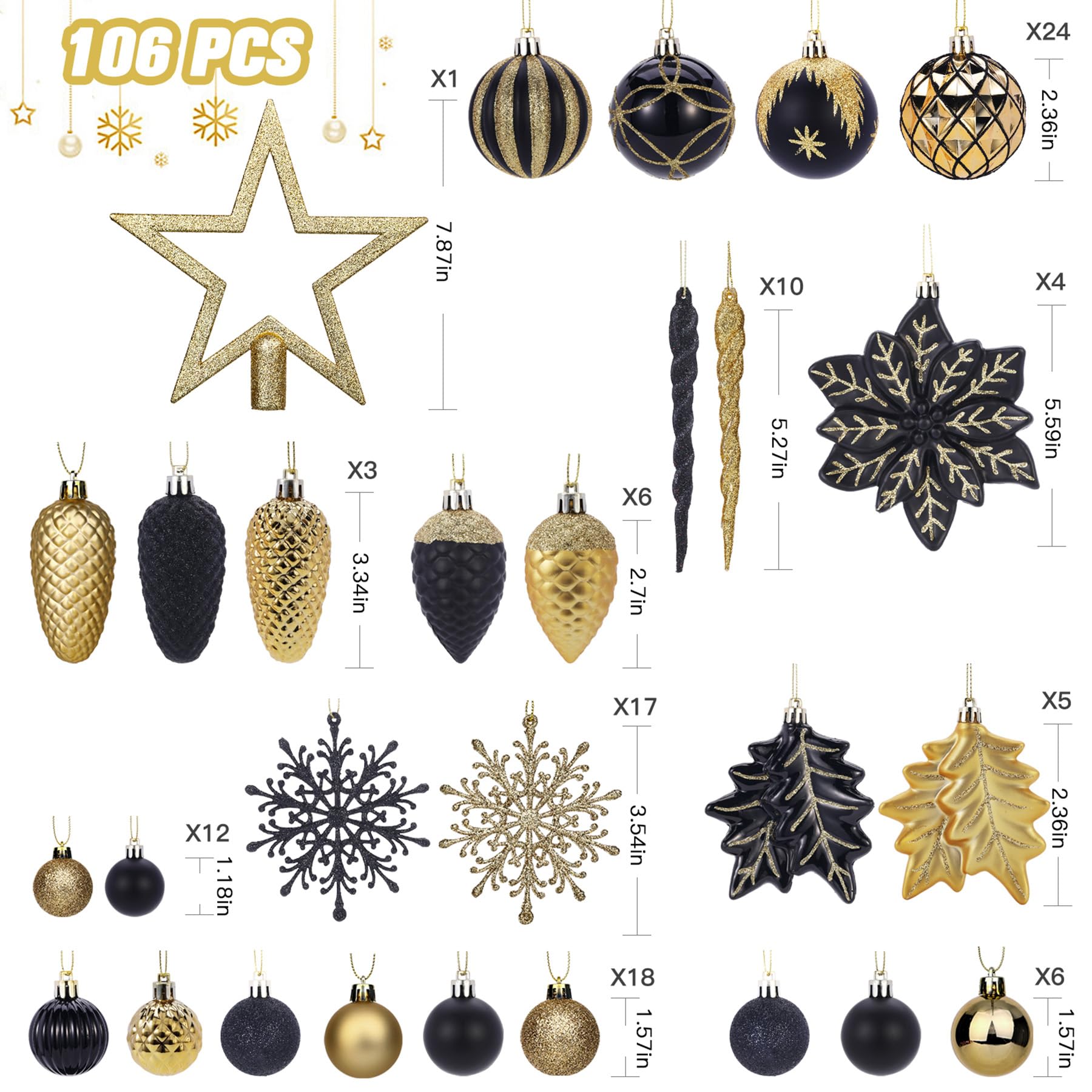 106PCS Black & Gold Christmas Balls Ornaments Set with Hanging Hooks - SHareconn