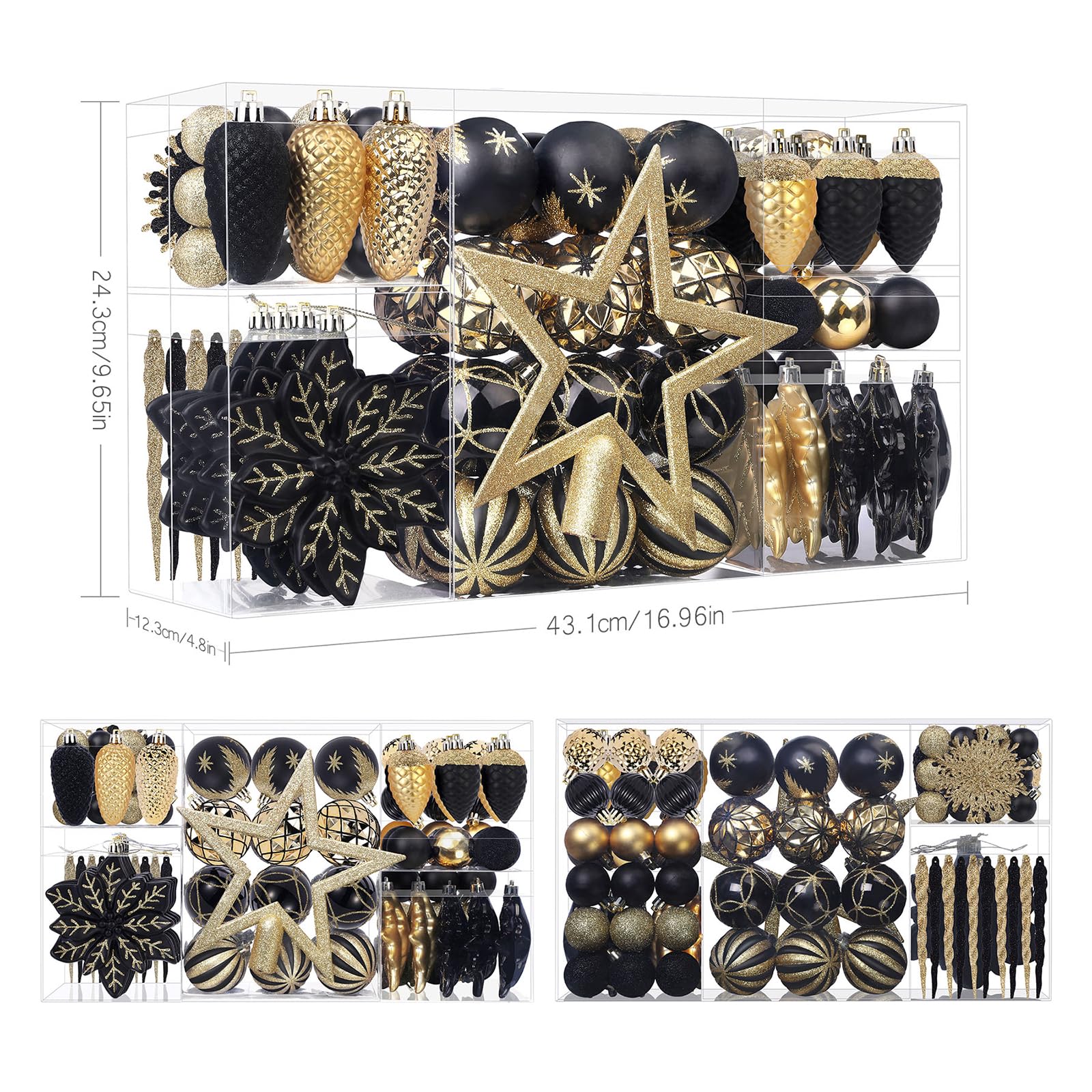 106PCS Black & Gold Christmas Balls Ornaments Set with Hanging Hooks - SHareconn