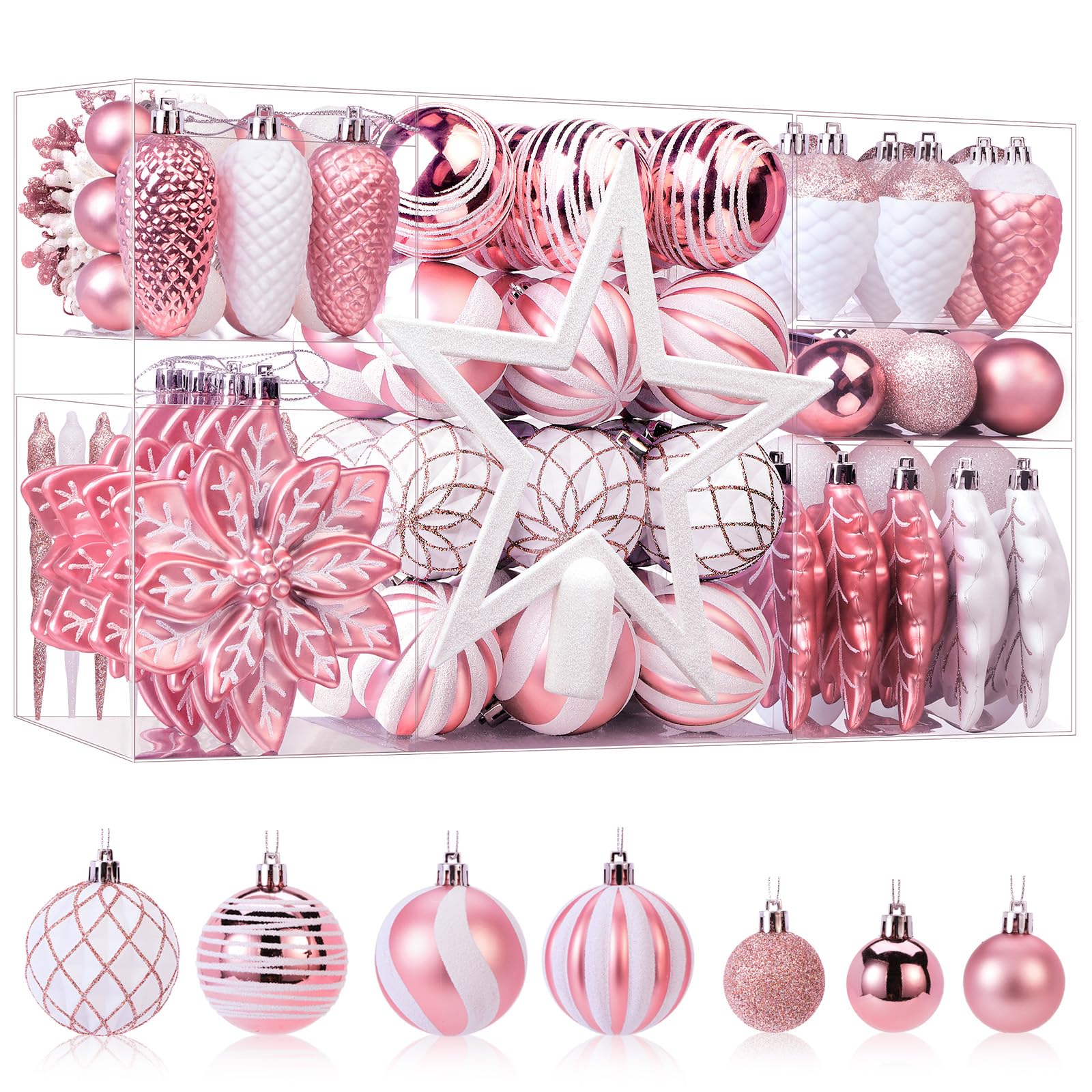 106PCS Christmas Colorful Shatterproof Plastic Decorative Baubles for Xmas Tree Decor Holiday Wedding Party Decoration with Hanging Hooks, Rose Gold & White - SHareconn