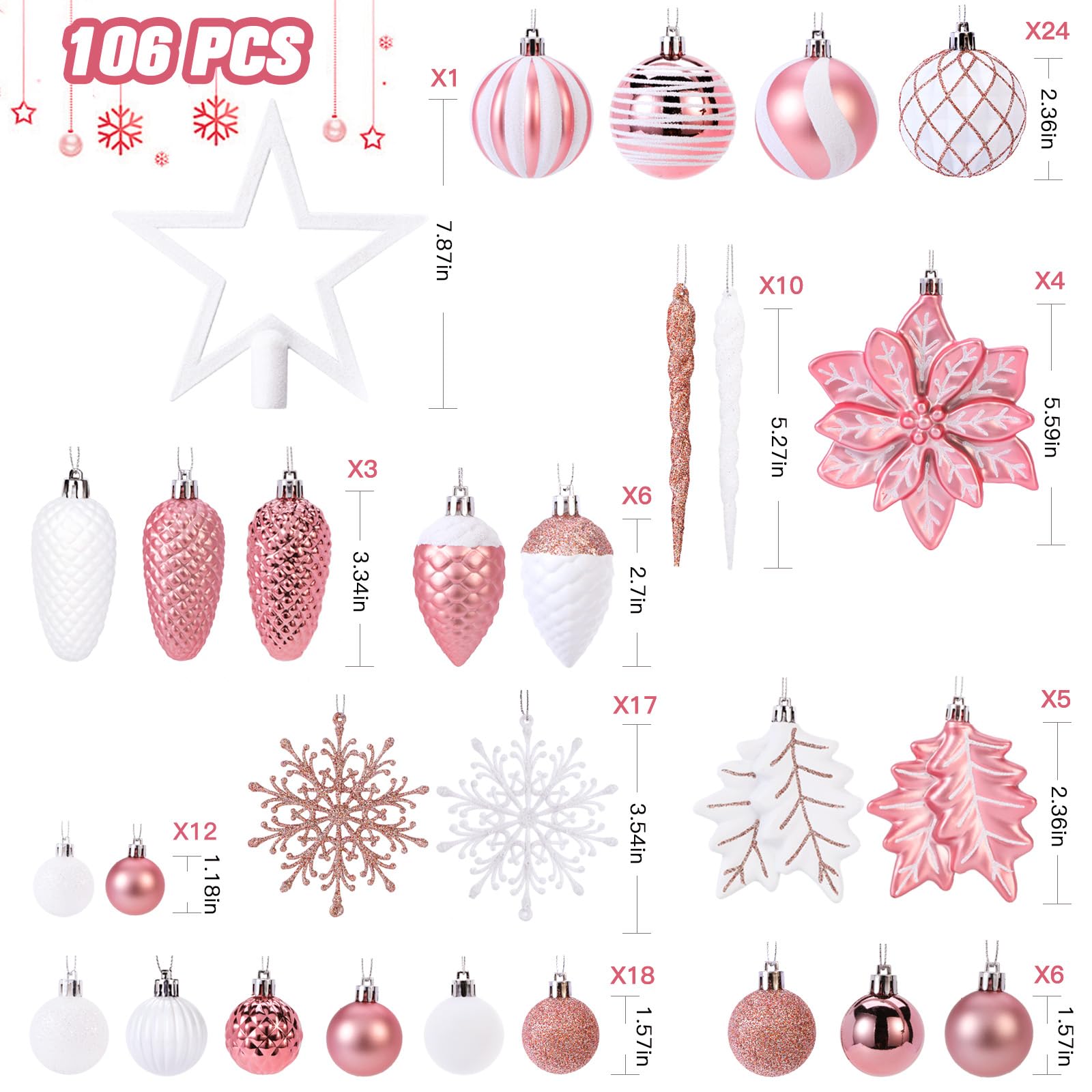 106PCS Christmas Colorful Shatterproof Plastic Decorative Baubles for Xmas Tree Decor Holiday Wedding Party Decoration with Hanging Hooks, Rose Gold & White - SHareconn