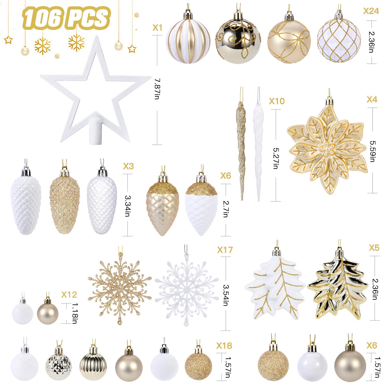 106PCS Gold &White Christmas Balls Ornaments Set with Hanging Hooks - SHareconn