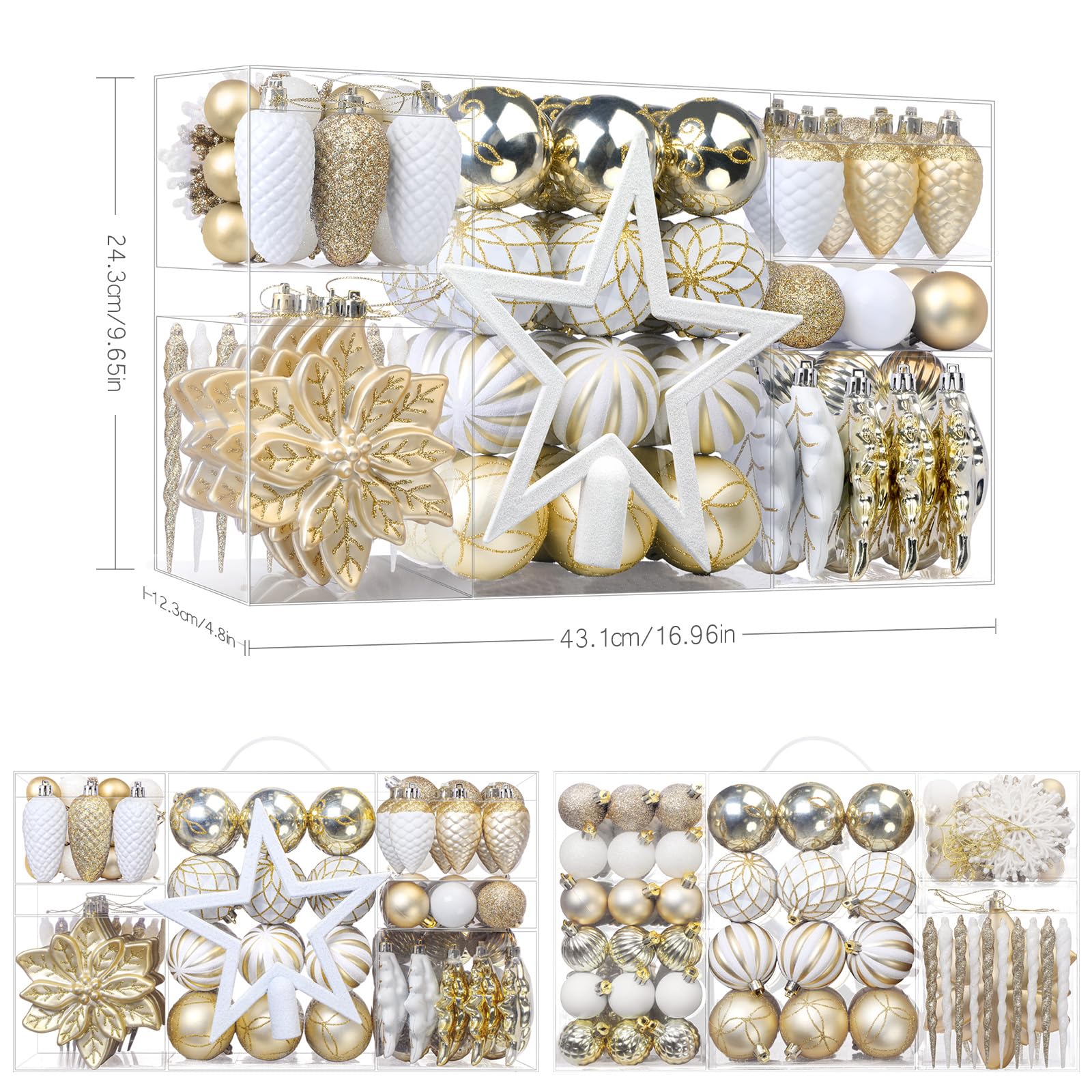 106PCS Gold &White Christmas Balls Ornaments Set with Hanging Hooks - SHareconn