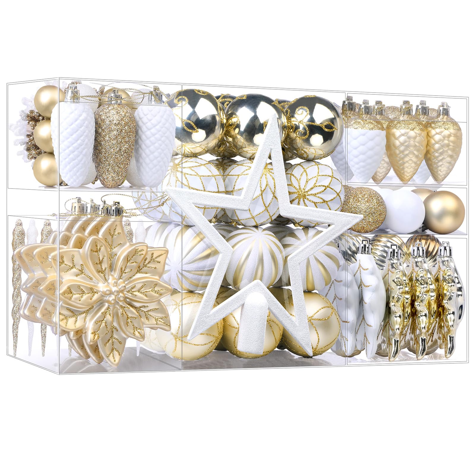 106PCS Gold &White Christmas Balls Ornaments Set with Hanging Hooks - SHareconn