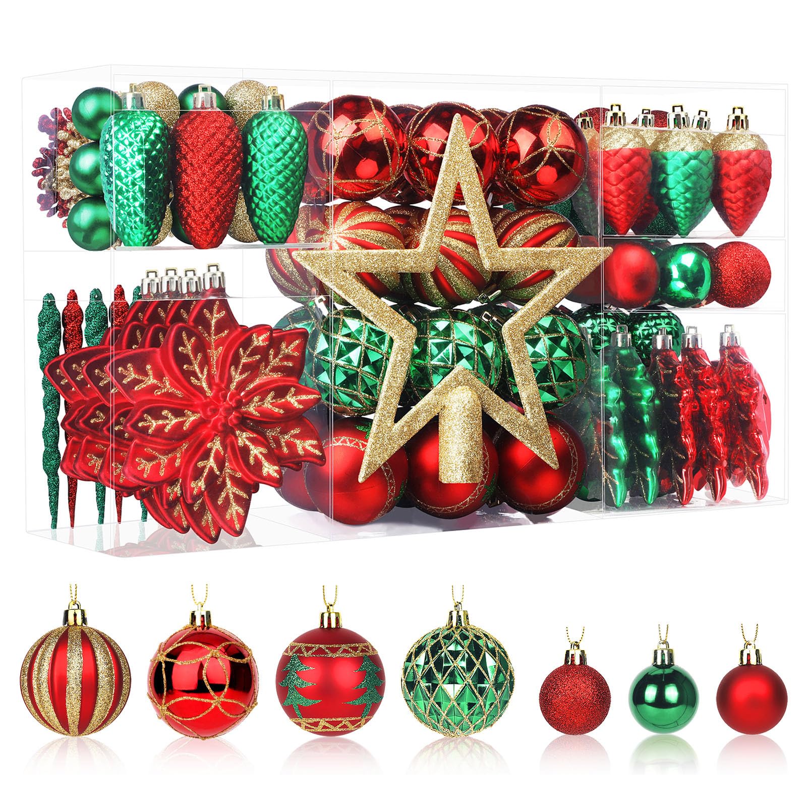 106PCS Red Green Gold Christmas Balls Ornaments Set, with Hanging Hooks - SHareconn