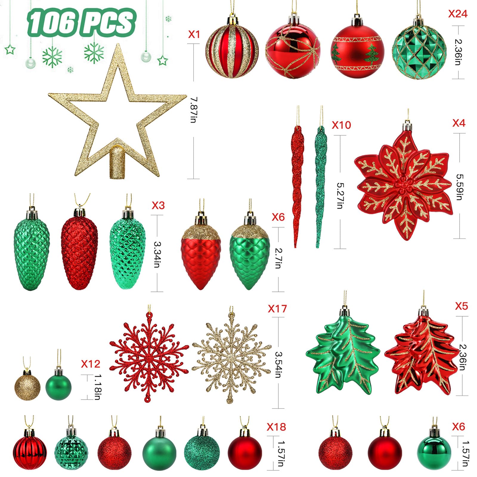 106PCS Red Green Gold Christmas Balls Ornaments Set, with Hanging Hooks - SHareconn