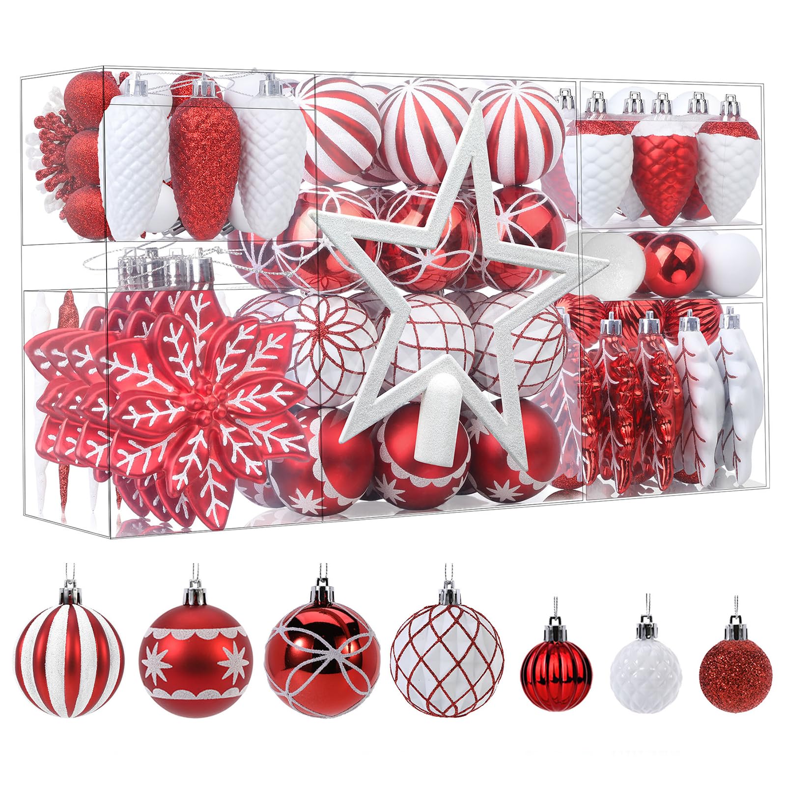 106PCS Red & White Christmas Balls Ornaments Set with Hanging Hooks - SHareconn