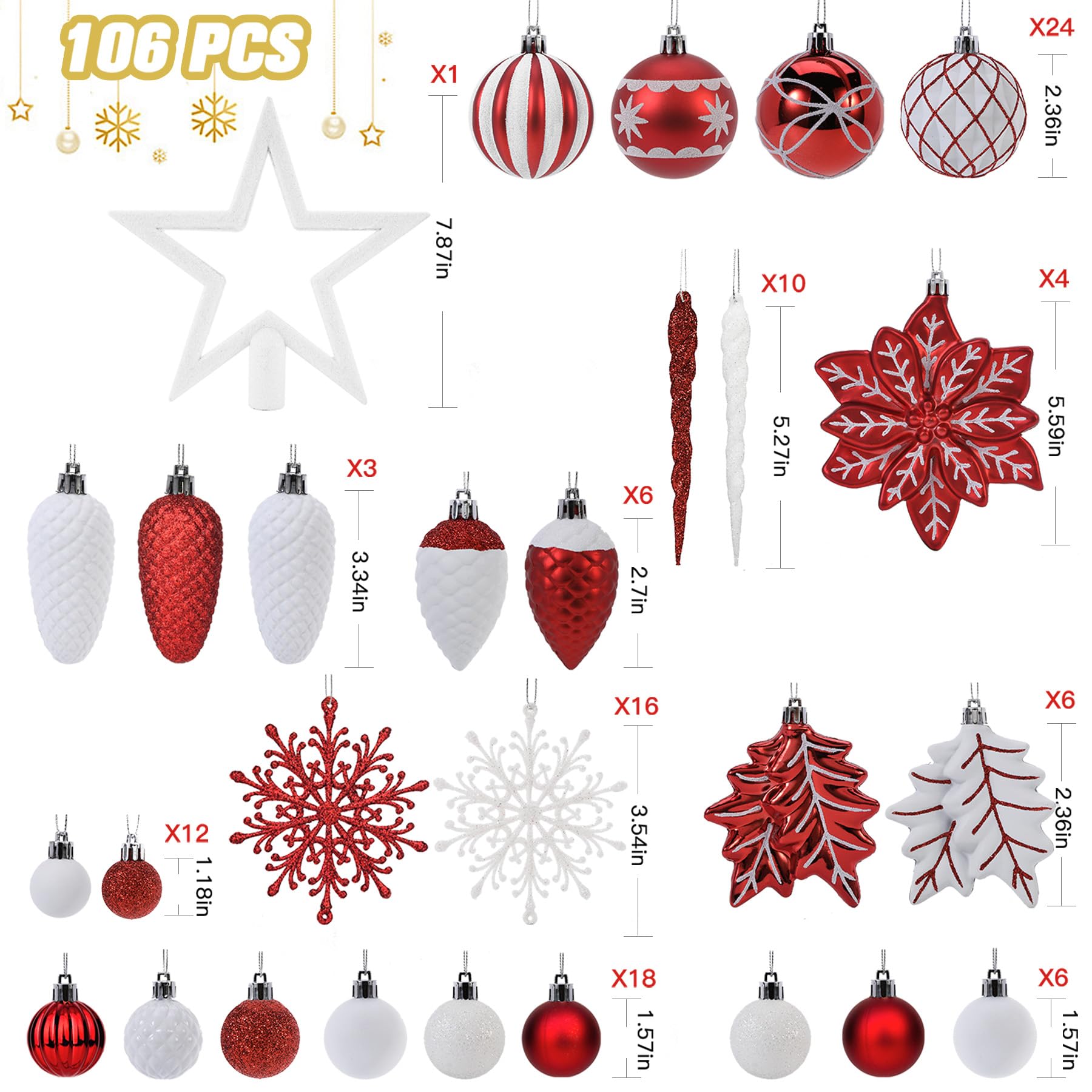 106PCS Red & White Christmas Balls Ornaments Set with Hanging Hooks - SHareconn