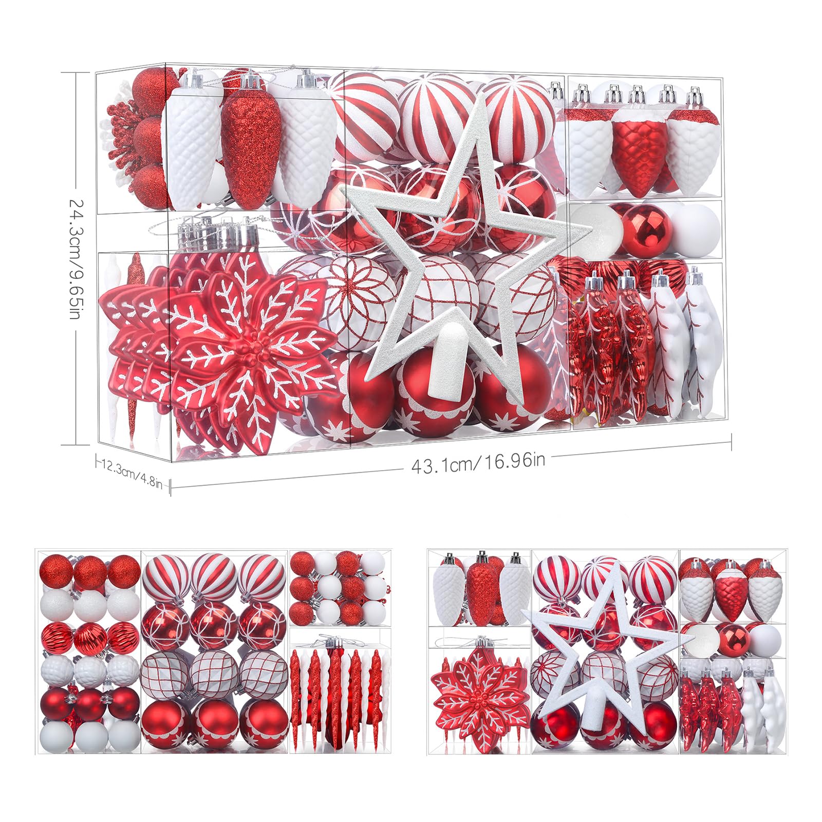 106PCS Red & White Christmas Balls Ornaments Set with Hanging Hooks - SHareconn