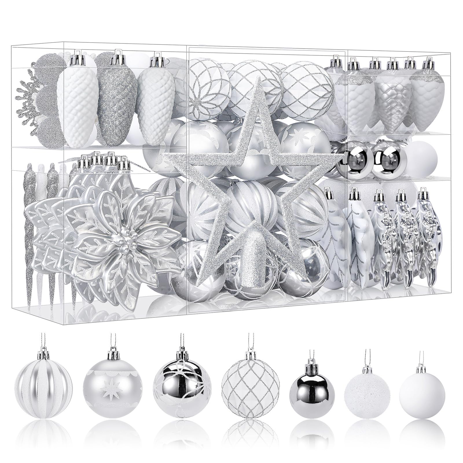 106pcs White &Silver Christmas Balls Ornaments Set with Hooks - SHareconn