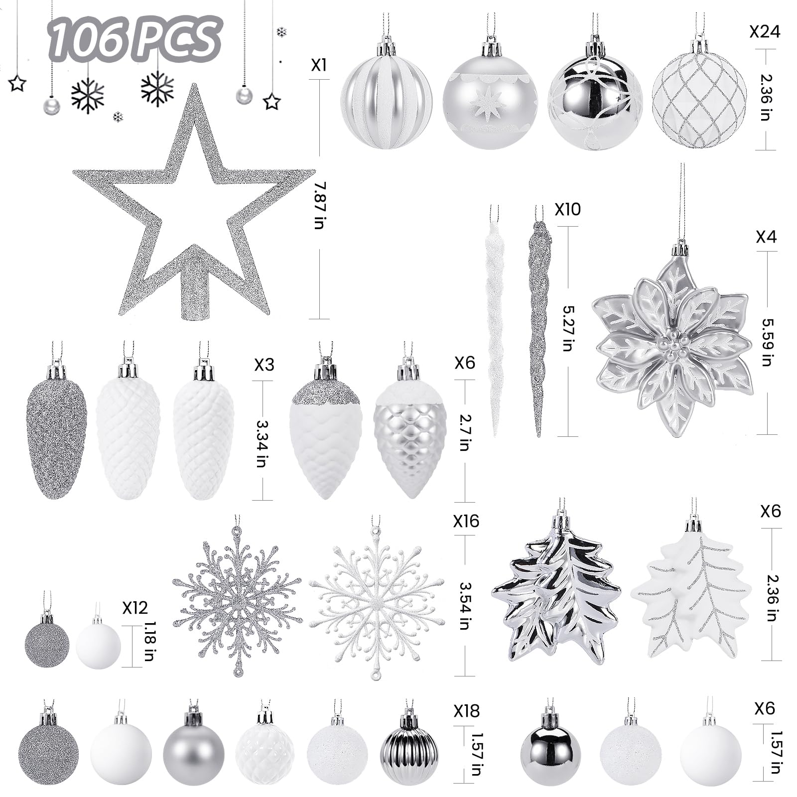 106pcs White &Silver Christmas Balls Ornaments Set with Hooks - SHareconn
