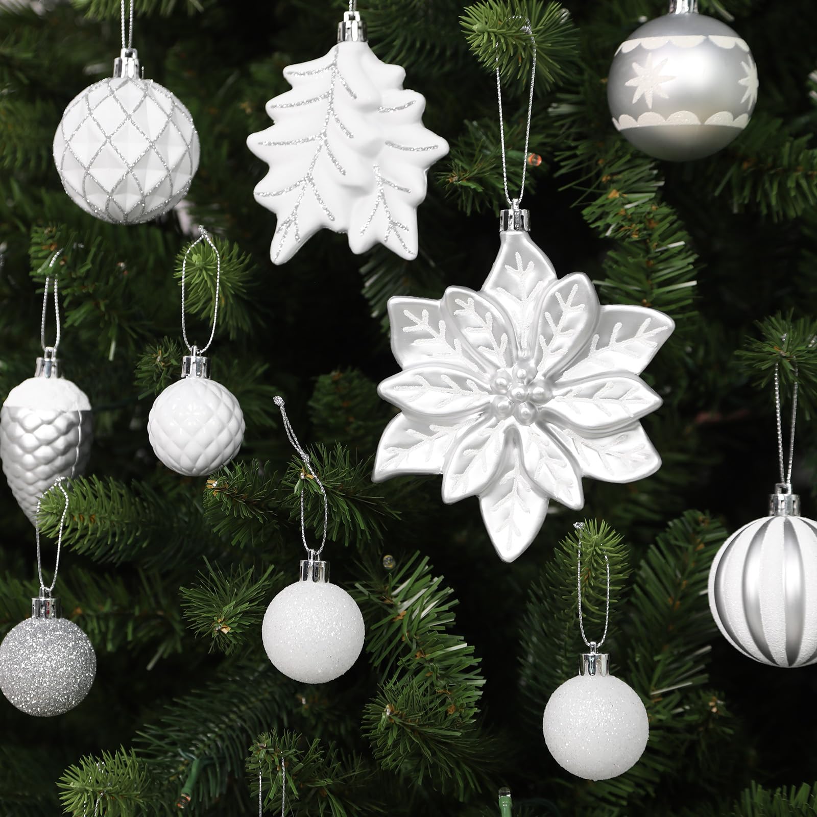 106pcs White &Silver Christmas Balls Ornaments Set with Hooks - SHareconn