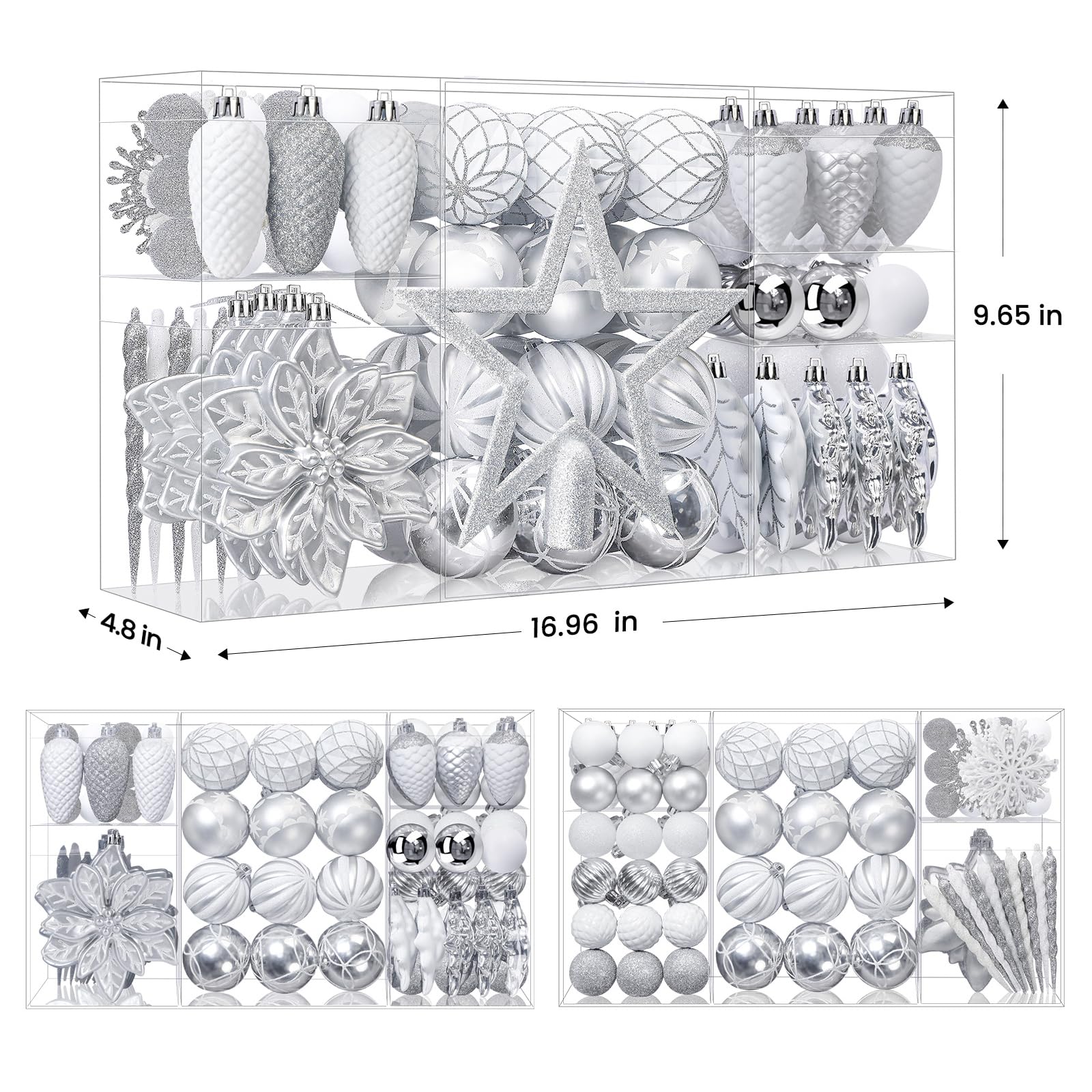 106pcs White &Silver Christmas Balls Ornaments Set with Hooks - SHareconn