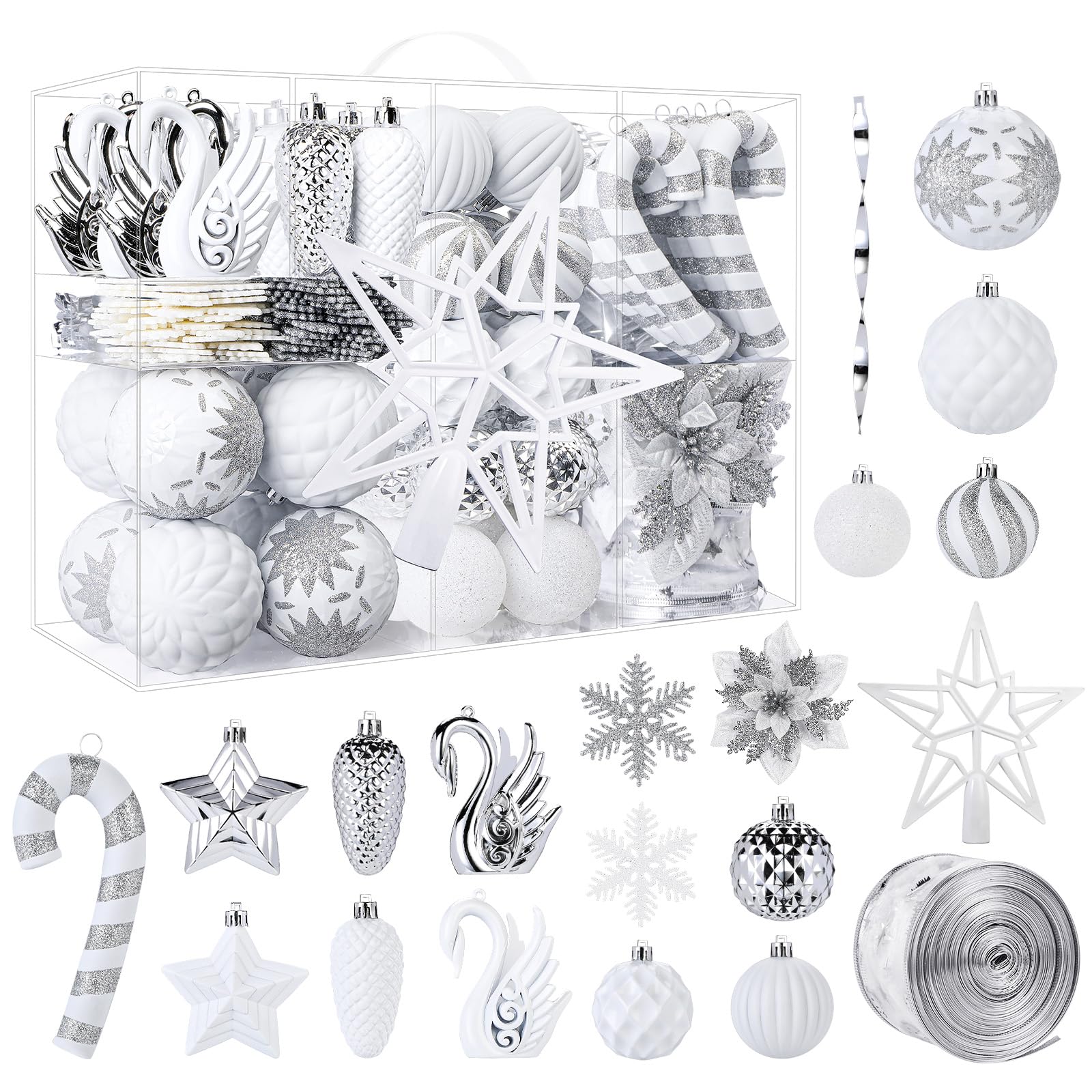 128pcs Christmas Balls Ornaments Set, Ribbon Tree Topper for Xmas Tree Holiday Wedding Party Decorations with Hanging Strings, White and Silver - SHareconn