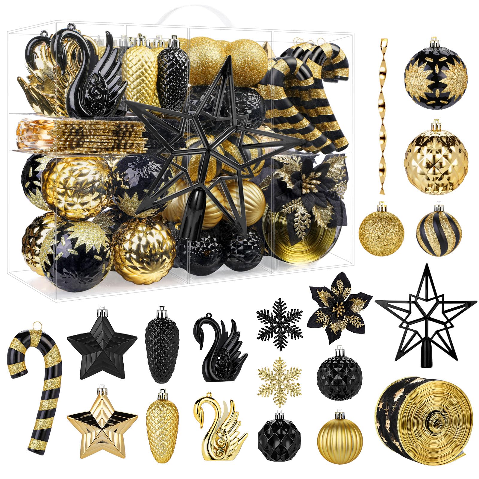 128pcs Christmas Balls Ornaments Set with Hanging Strings, Black and Gold - SHareconn