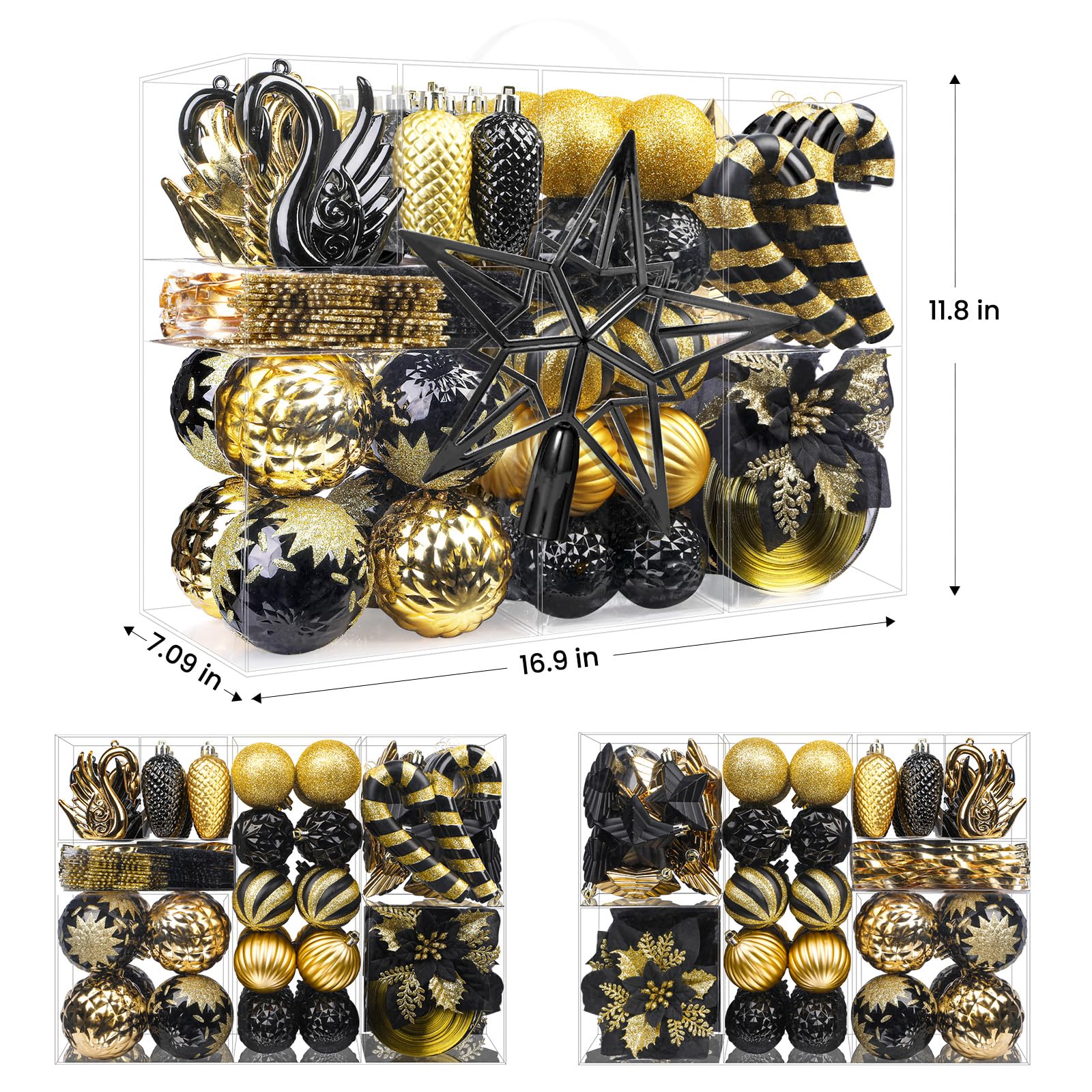 128pcs Christmas Balls Ornaments Set with Hanging Strings, Black and Gold - SHareconn