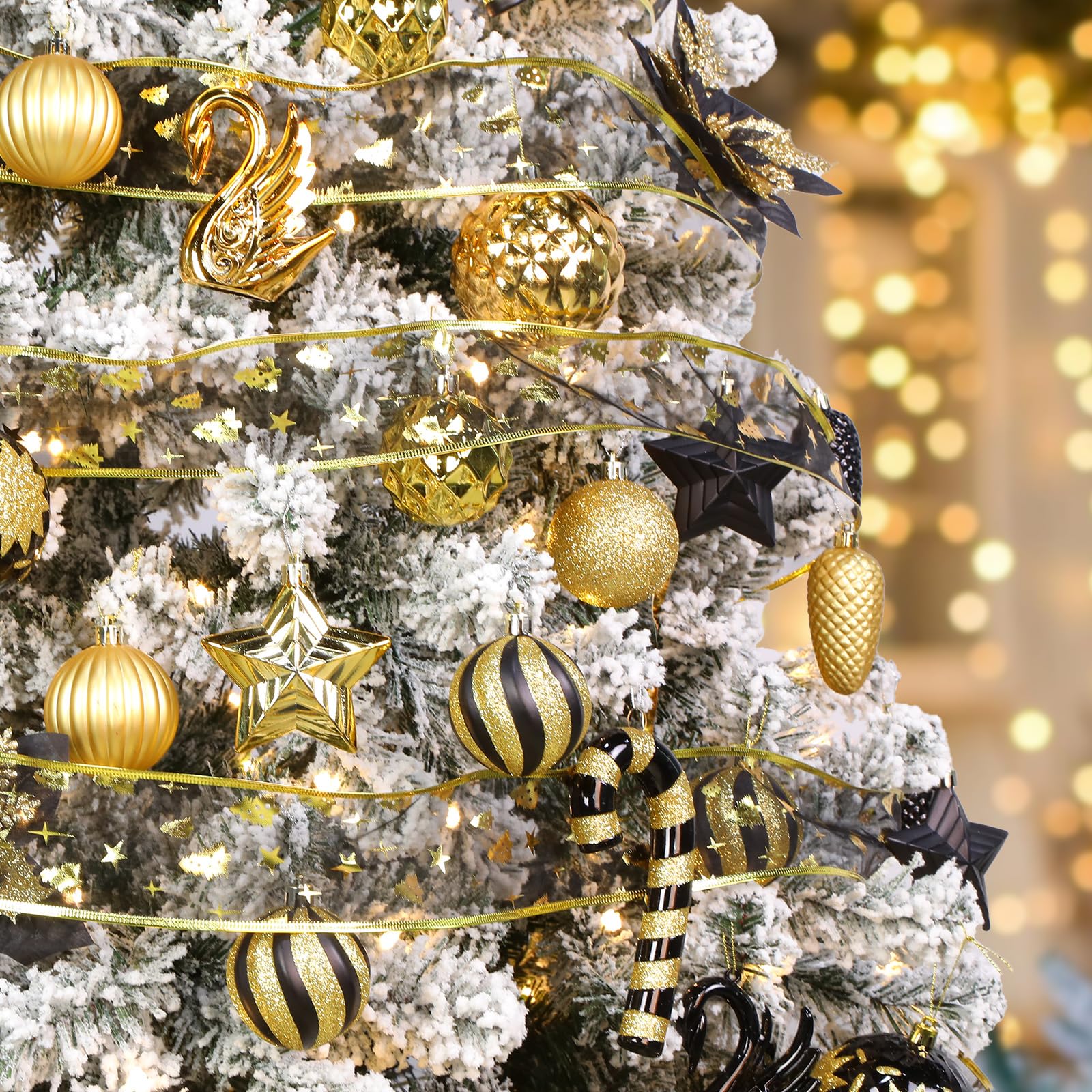 128pcs Christmas Balls Ornaments Set with Hanging Strings, Black and Gold - SHareconn