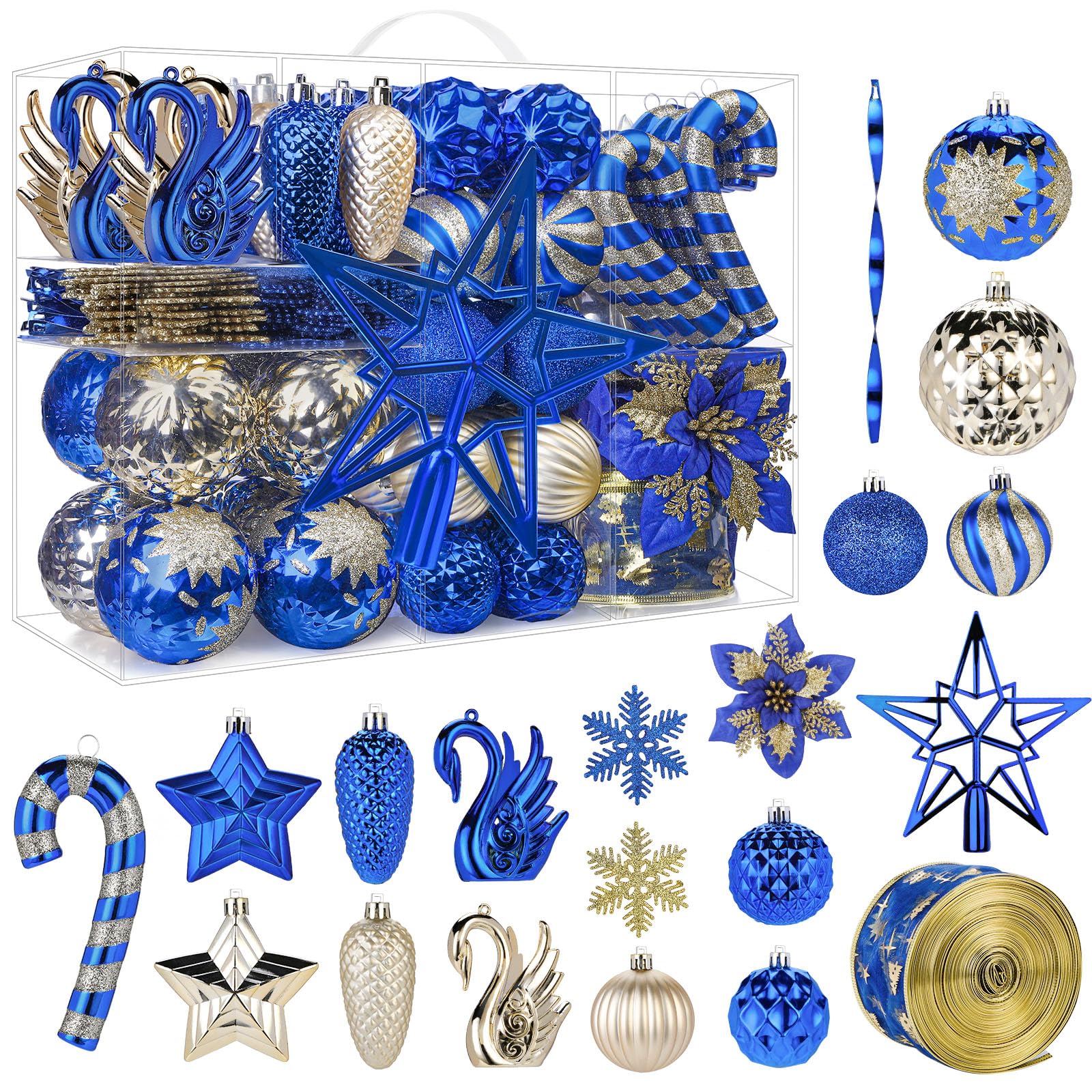 128pcs Christmas Shatterproof Plastic Baubles Christmas Flower, Ribbon and Tree Topper with Hanging Strings, Blue and Gold - SHareconn