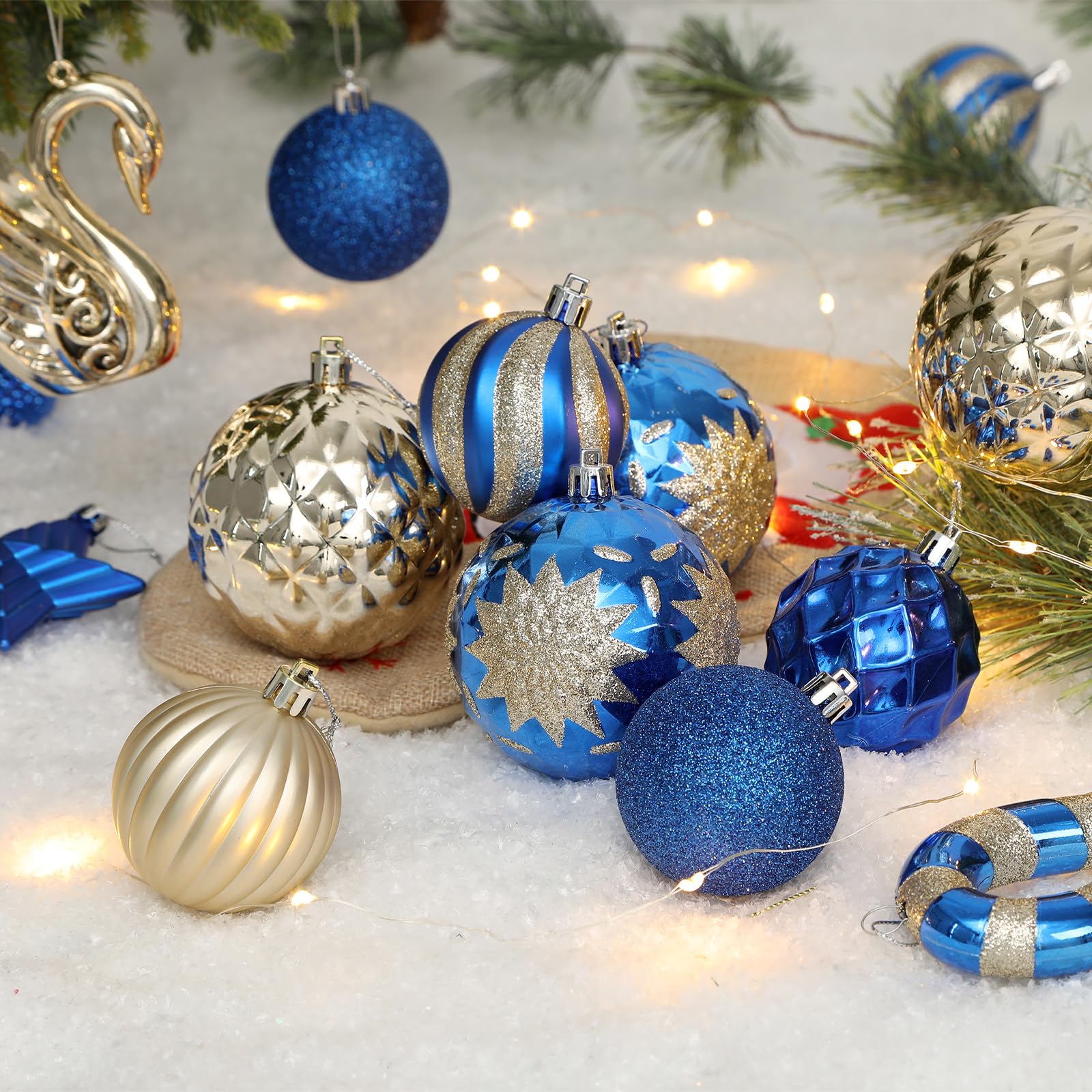 128pcs Christmas Shatterproof Plastic Baubles Christmas Flower, Ribbon and Tree Topper with Hanging Strings, Blue and Gold - SHareconn