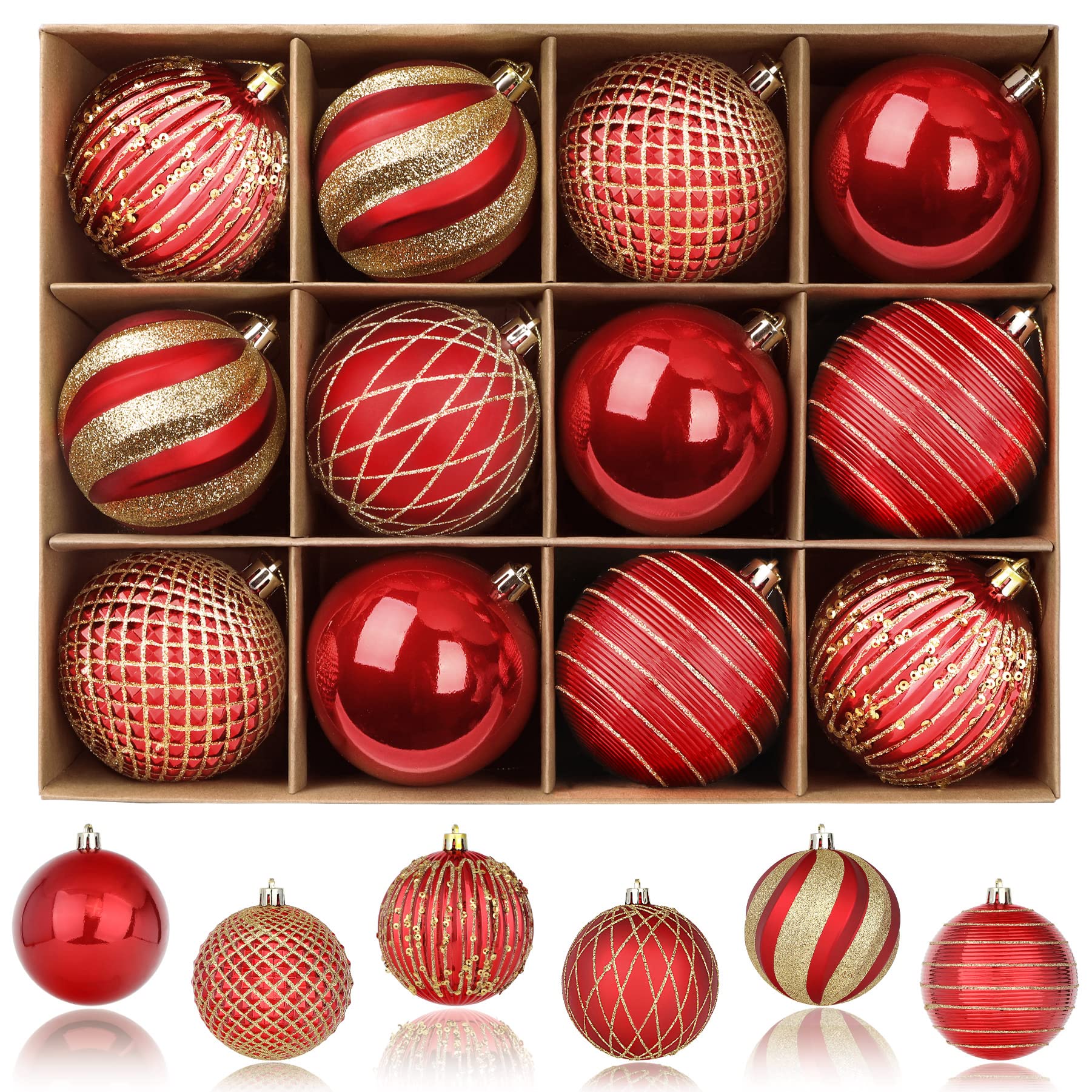 12PCS 80mm Christmas Balls Ornaments for Xmas Tree Decor Holiday Party Wedding Decoration with Lanyard,Red & Gold - SHareconn