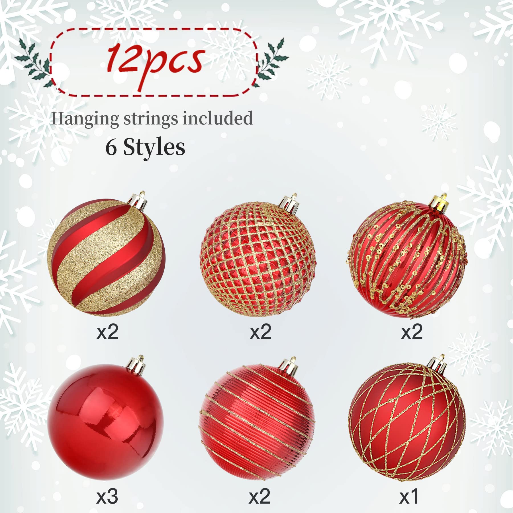 12PCS 80mm Christmas Balls Ornaments for Xmas Tree Decor Holiday Party Wedding Decoration with Lanyard,Red & Gold - SHareconn