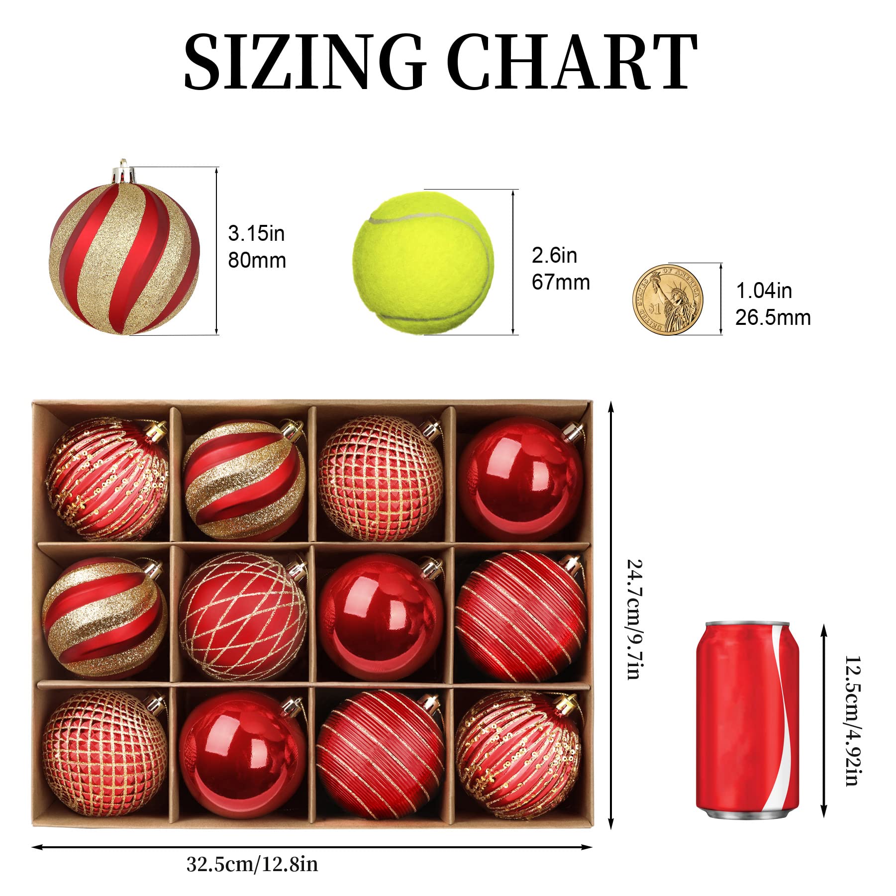 12PCS 80mm Christmas Balls Ornaments for Xmas Tree Decor Holiday Party Wedding Decoration with Lanyard,Red & Gold - SHareconn