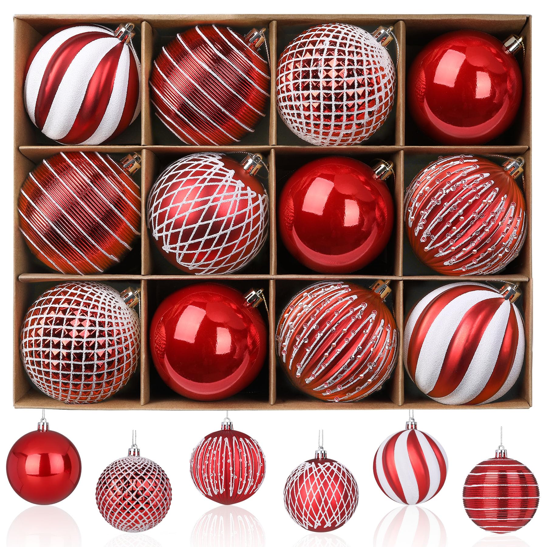 12PCS 80mm Colored Shatterproof Plastic Decorative Hanging Tree Decorations Baubles Set for Holiday Party Wedding Decoration with Lanyard, Red&White - SHareconn
