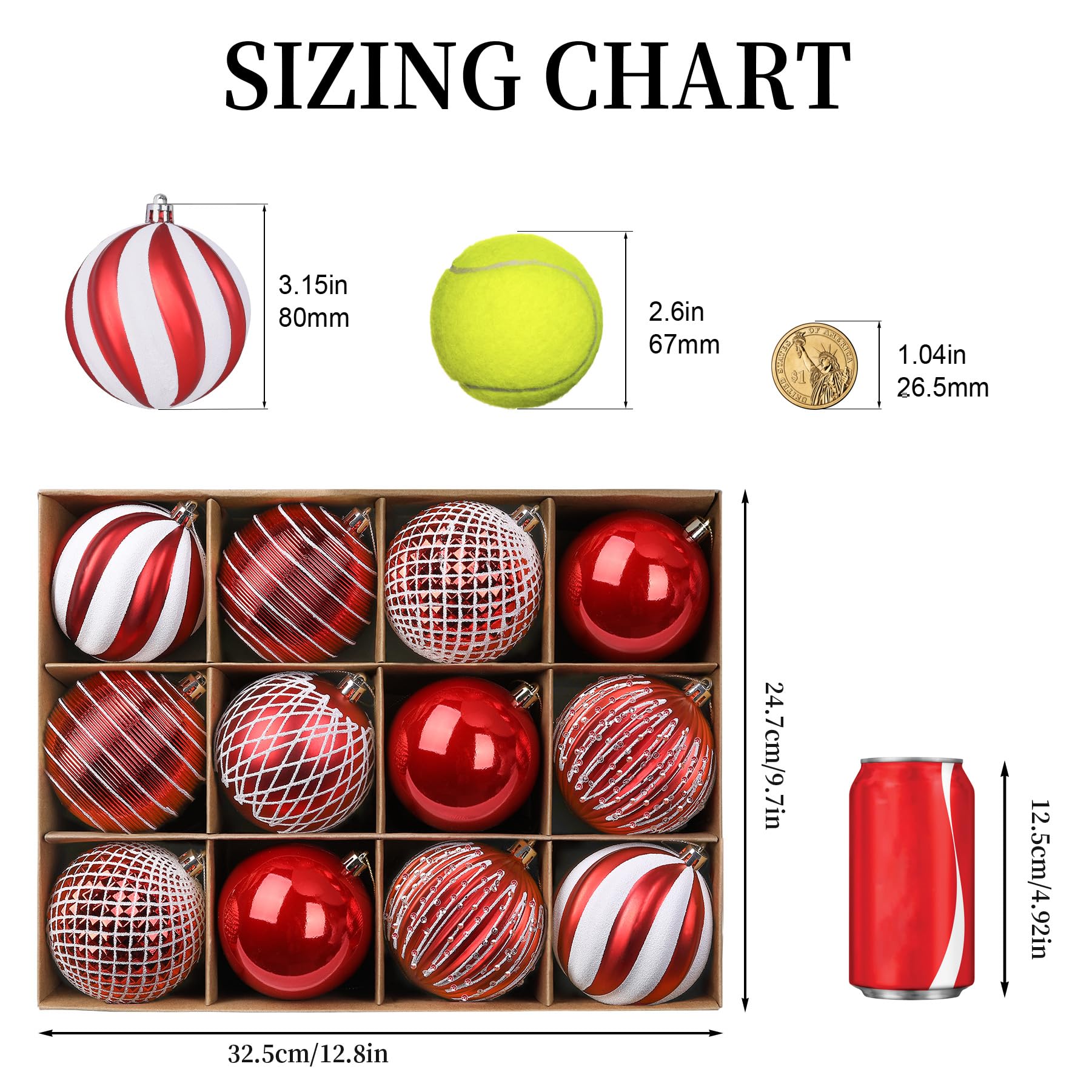 12PCS 80mm Colored Shatterproof Plastic Decorative Hanging Tree Decorations Baubles Set for Holiday Party Wedding Decoration with Lanyard, Red&White - SHareconn