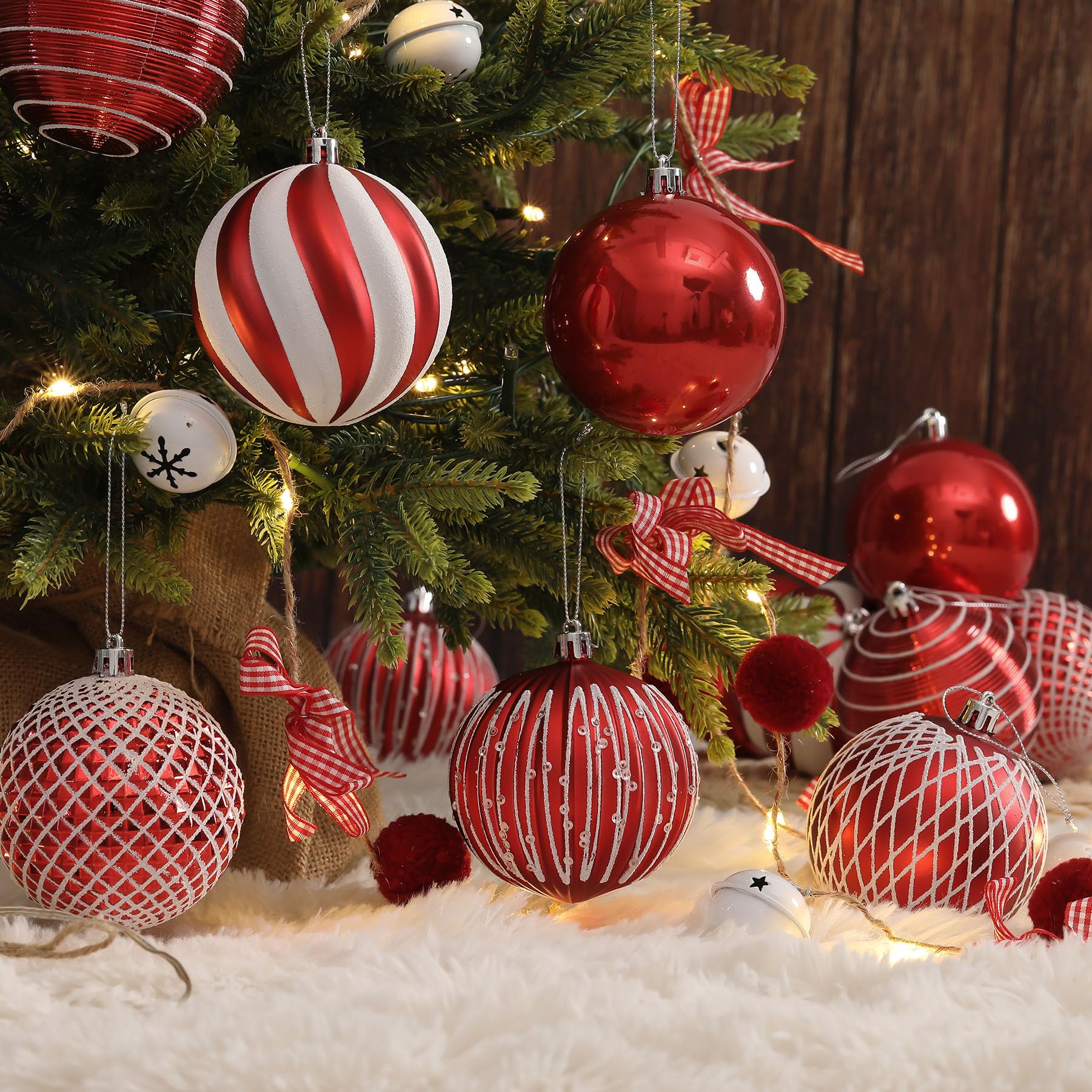 12PCS 80mm Colored Shatterproof Plastic Decorative Hanging Tree Decorations Baubles Set for Holiday Party Wedding Decoration with Lanyard, Red&White - SHareconn